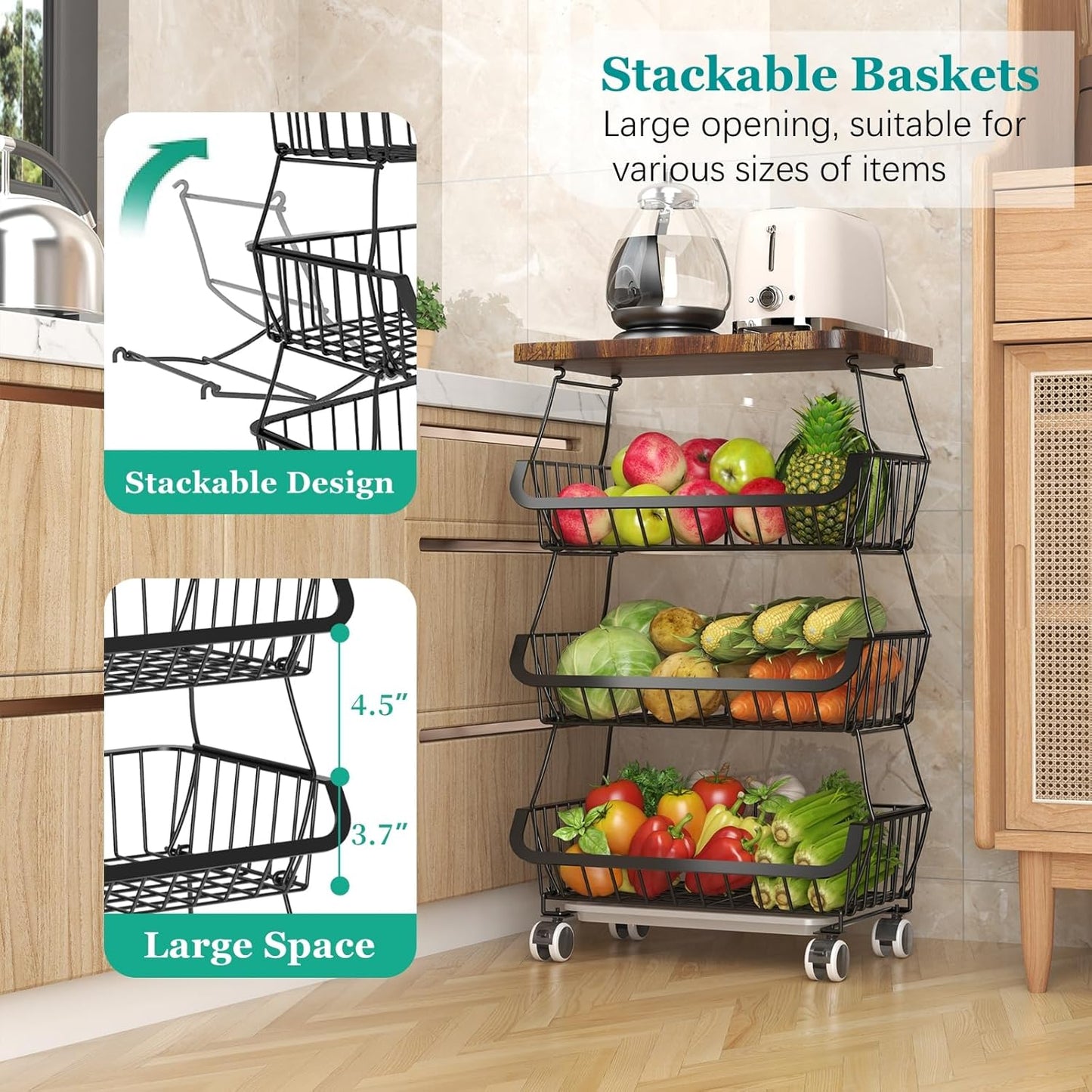 Fruit Basket with Wooden Lid for Kitchen, 4-Tier Stackable Wire Fruit Vegetable Storage Basket Organizer Stand on Wheel, Produce Basket Potato Onion Storage Bins Rack Cart for Pantry