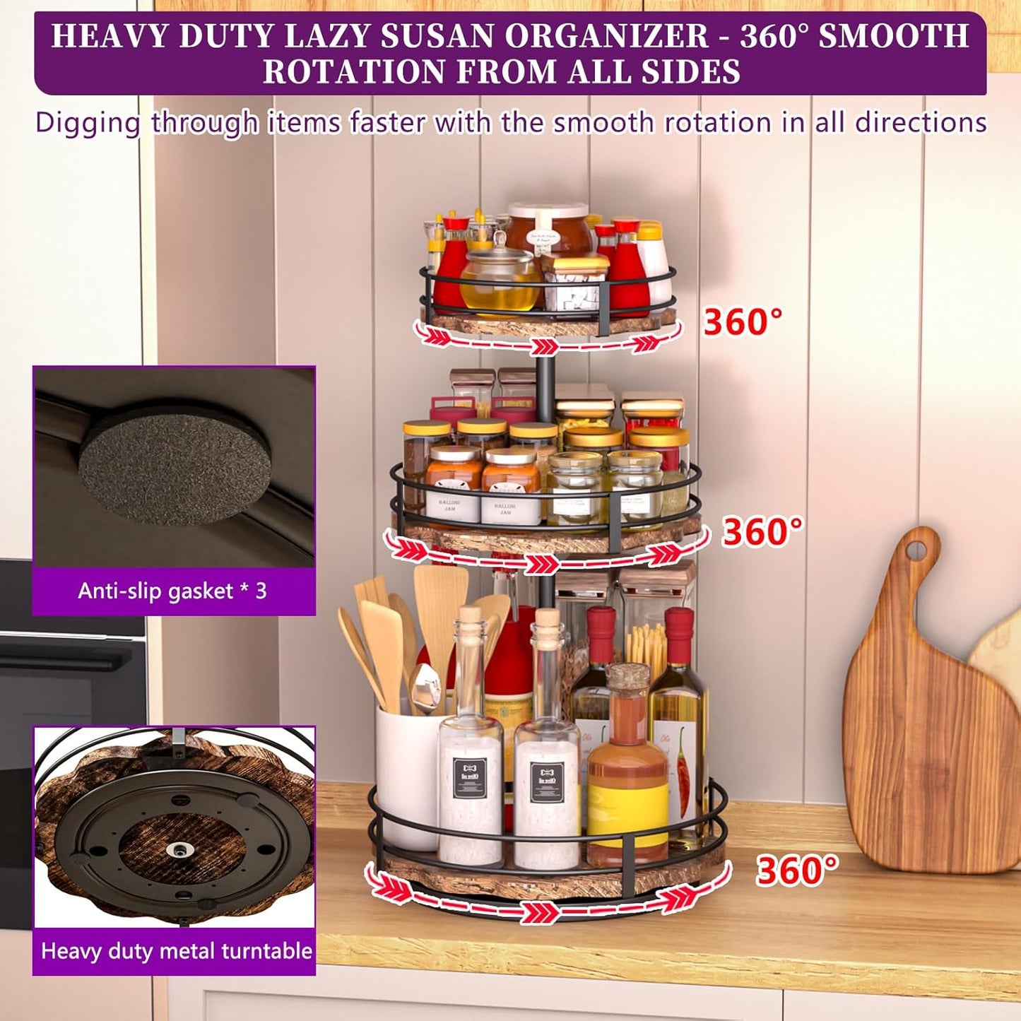 Heavy-Duty 3-Tier Lazy Susan Organizer, Adjustable to Different Heights, Countertop Spice Rack