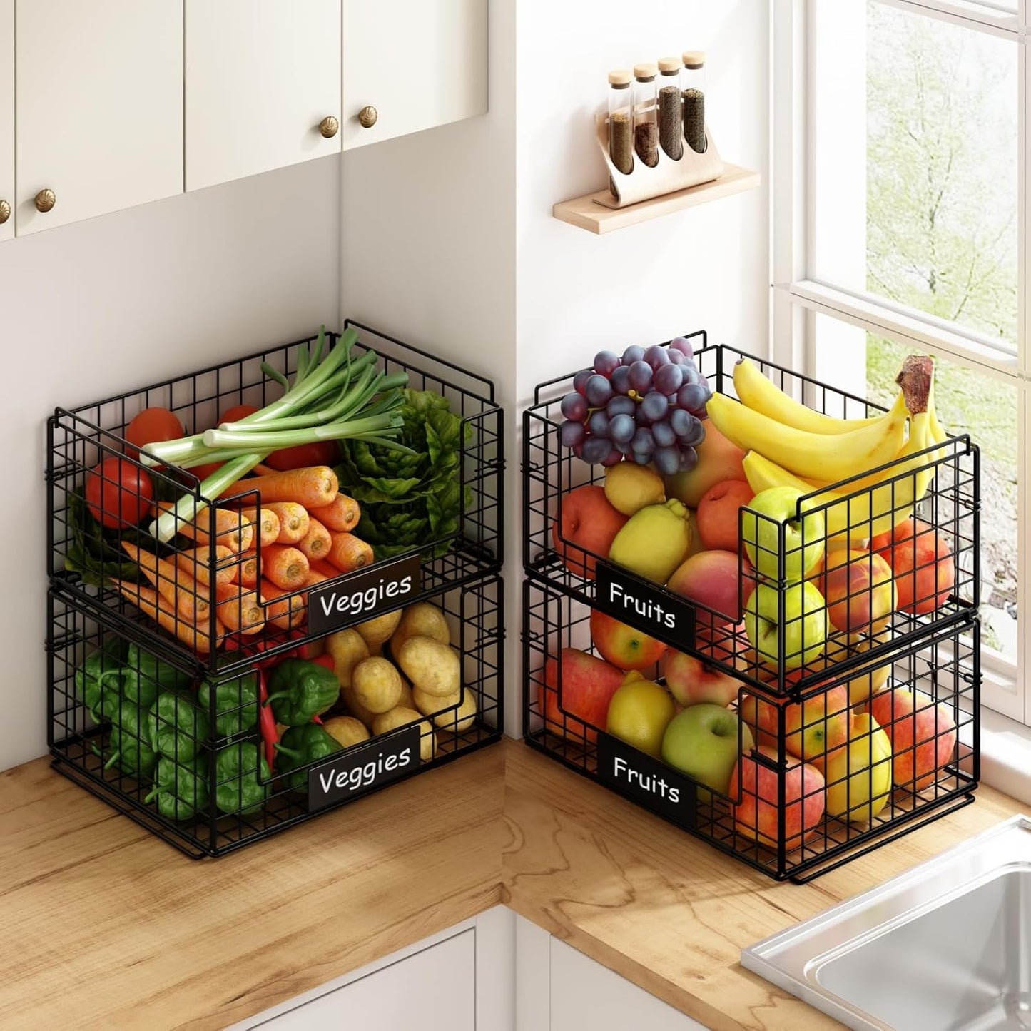 4 Pack XXL Stackable Wire Baskets with Handles for Pantry Storage and Organization,Fruit and Vegetable Basket with Name Plates,Metal Storage Bins for Snack Can Fruit Veggies