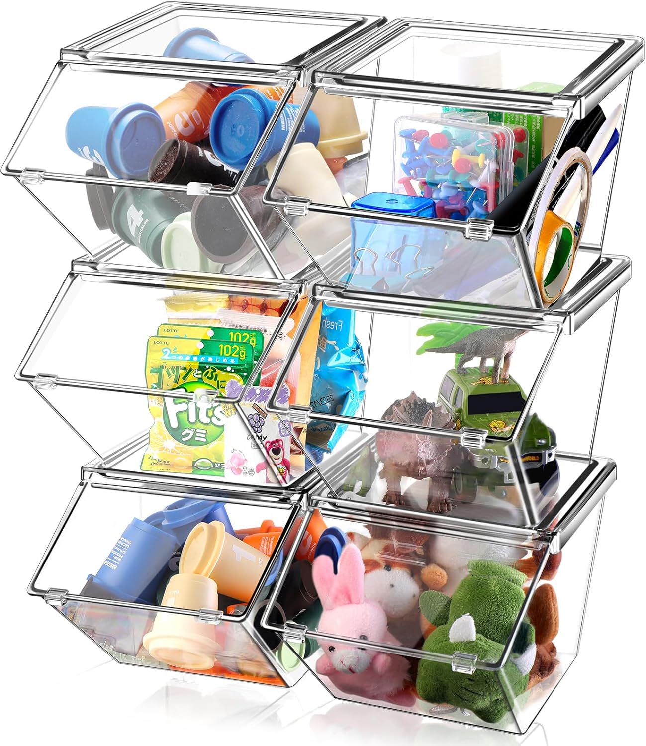 6 Pcs Clear Plastic Storage Bins with Lids Large Stackable Pantry Storage Organizer Bins Kitchen Organization Cabinet Organizers Ideal Containers for Fridge, Kitchen, Cabinets (Clear)