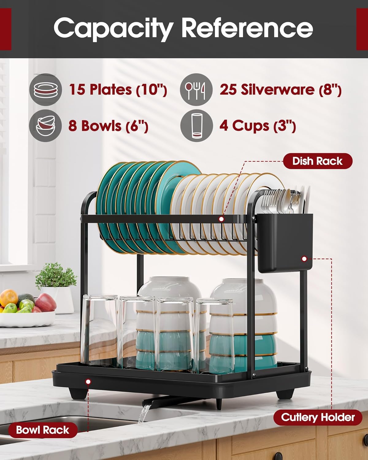 2-Tier Dish Drying Rack - Stainless Steel Dish Rack with Cutlery & Utensil Holders for Kitchen Counter, Sink Organization and Storage for Small Family, 15" W x 11.4" L x 15" H, Black