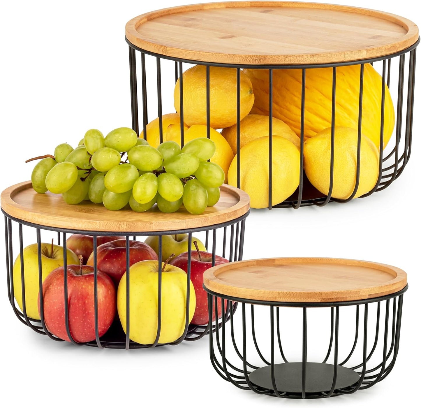 Fruit Basket for Kitchen Counter Set of 3 - Large Stackable Baskets with Bamboo Lid - Fruit Bowl