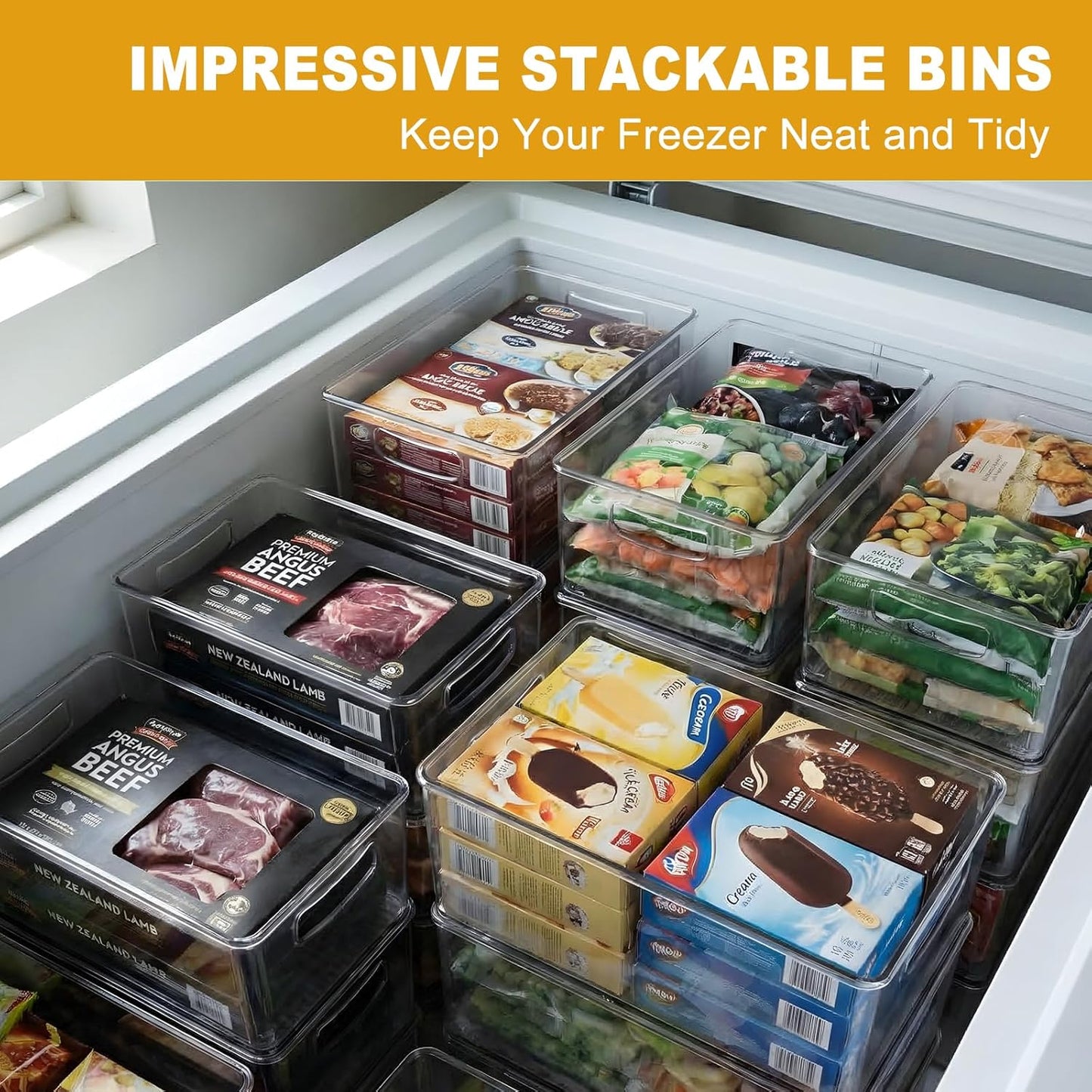 8 Pack Pantry Organizer and Storage, 2 Extra Large Stackable Freezer Organizer Bin