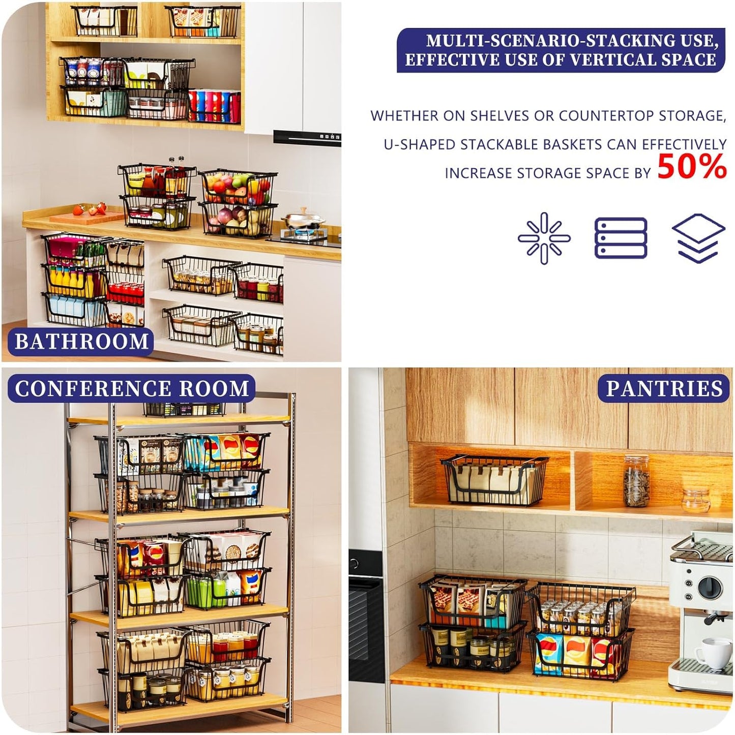 4 Pack Enhanced Leak-Proof Bottom Stackable Wire Baskets, Pantry Organizers and Storage
