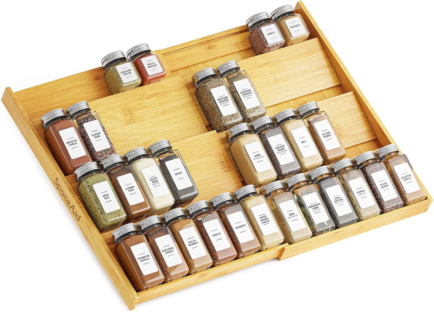 Bamboo Spice Drawer Organizer, (Need 3" Deep Drawer) Expandable 4 Tier Spices Rack for Cabinet
