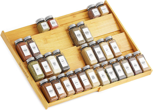 Bamboo Spice Drawer Organizer, (Need 3" Deep Drawer) Expandable 4 Tier Spices Rack for Cabinet