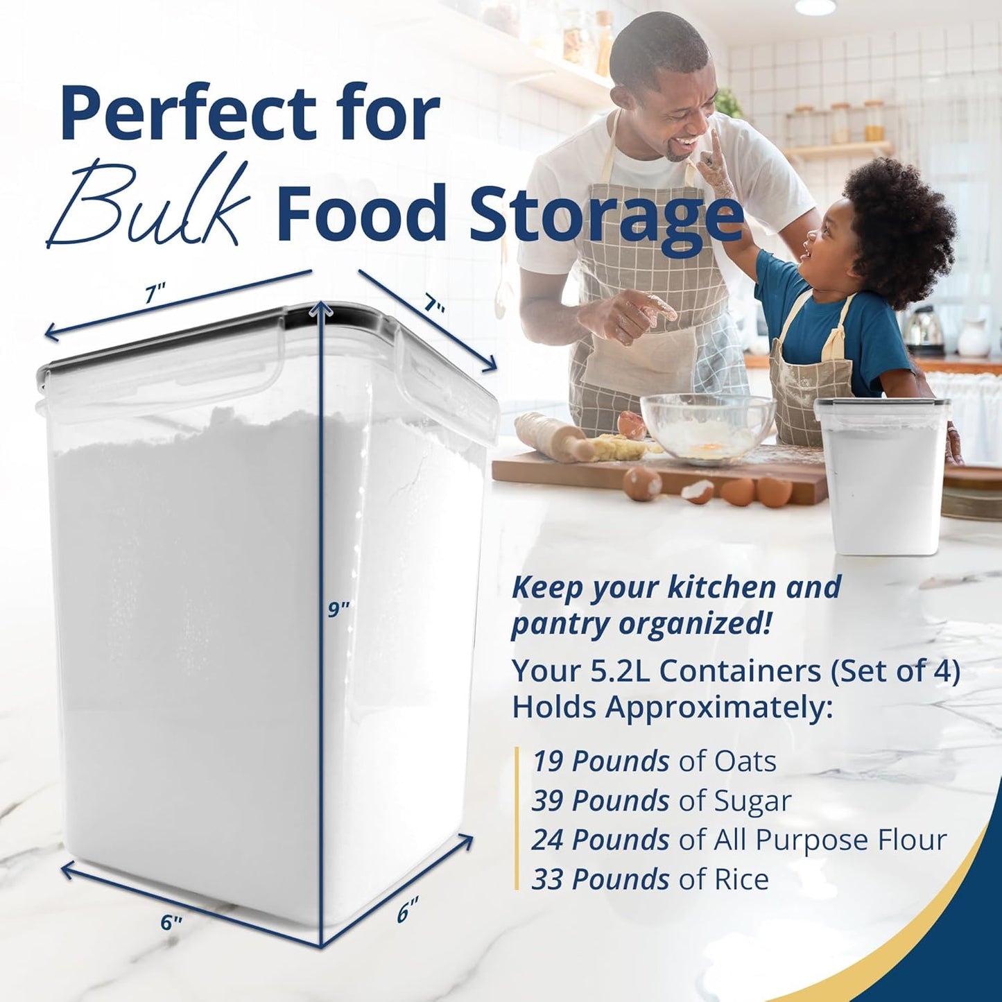 5.2L Airtight Food Storage Containers with Lids (4 Sets) | Kitchen Organizers and Storage Pantry Organizers | BPA Free Plastic Container Set w/ 4 Measuring Cups, Dough Scraper, 6 Labels, Pen