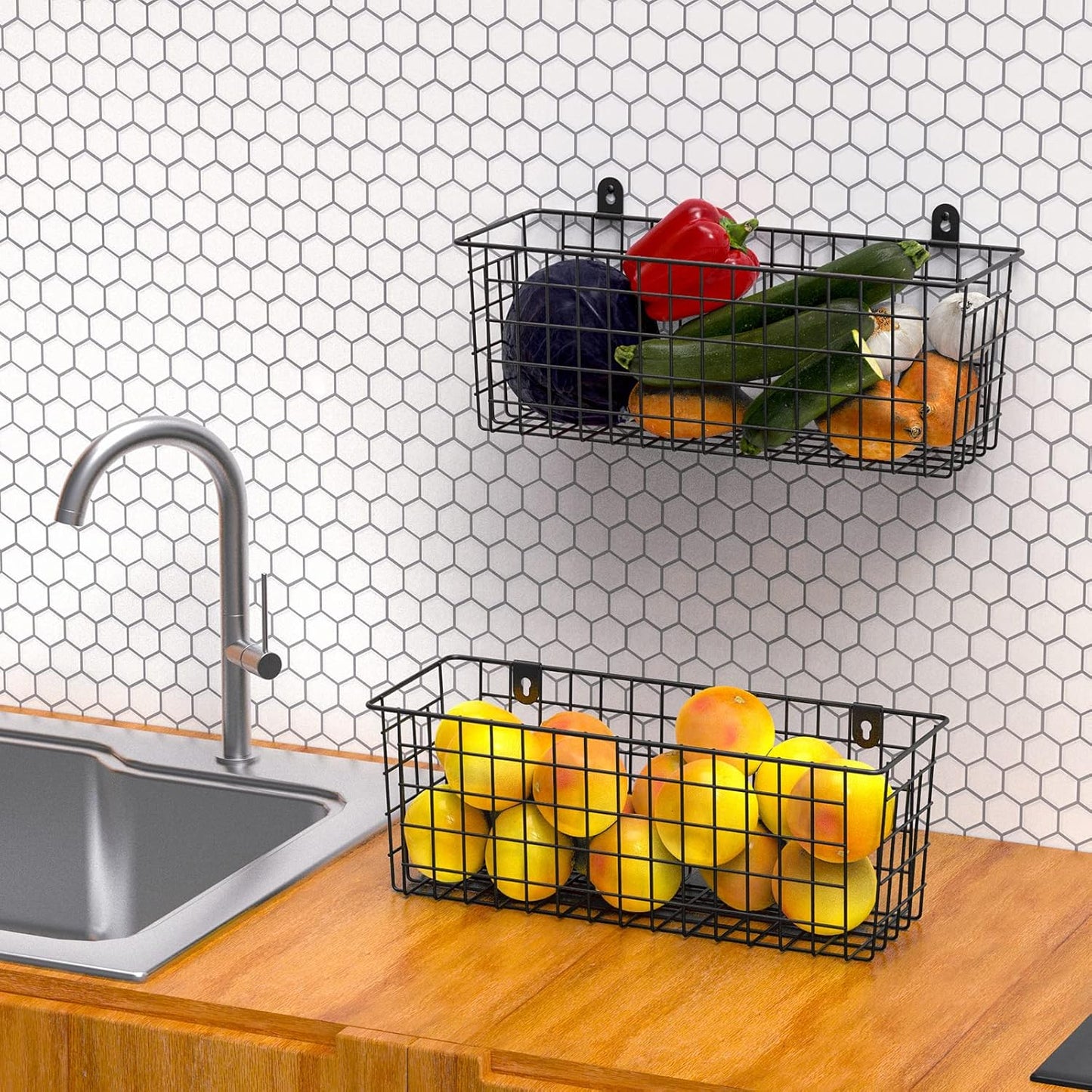 [Extra Large] Wire Basket 2-Pack Hanging Wall Organizer Cabinet Storage Basket Wall Mounted Shelves Rustic Farmhouse Decor for Home Kitchen Bathroom, BLACK