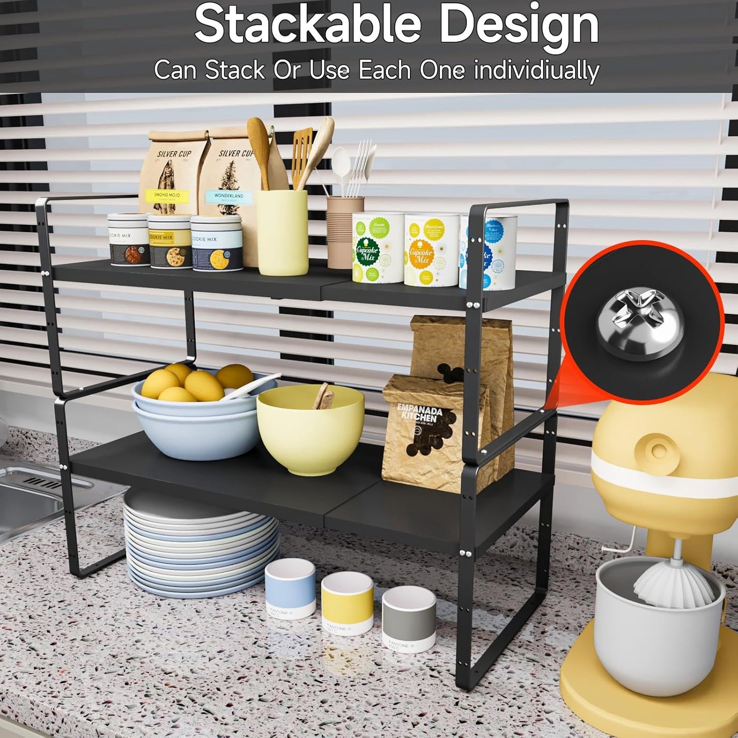 2Pack 16.5-27’’L Expandable Kitchen Shelf Organizer, Stackable Shelves Organizer