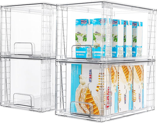 4Pack Large Stackable Kitchen Pantry Storage Drawers, Clear Organizer Bins with Handles