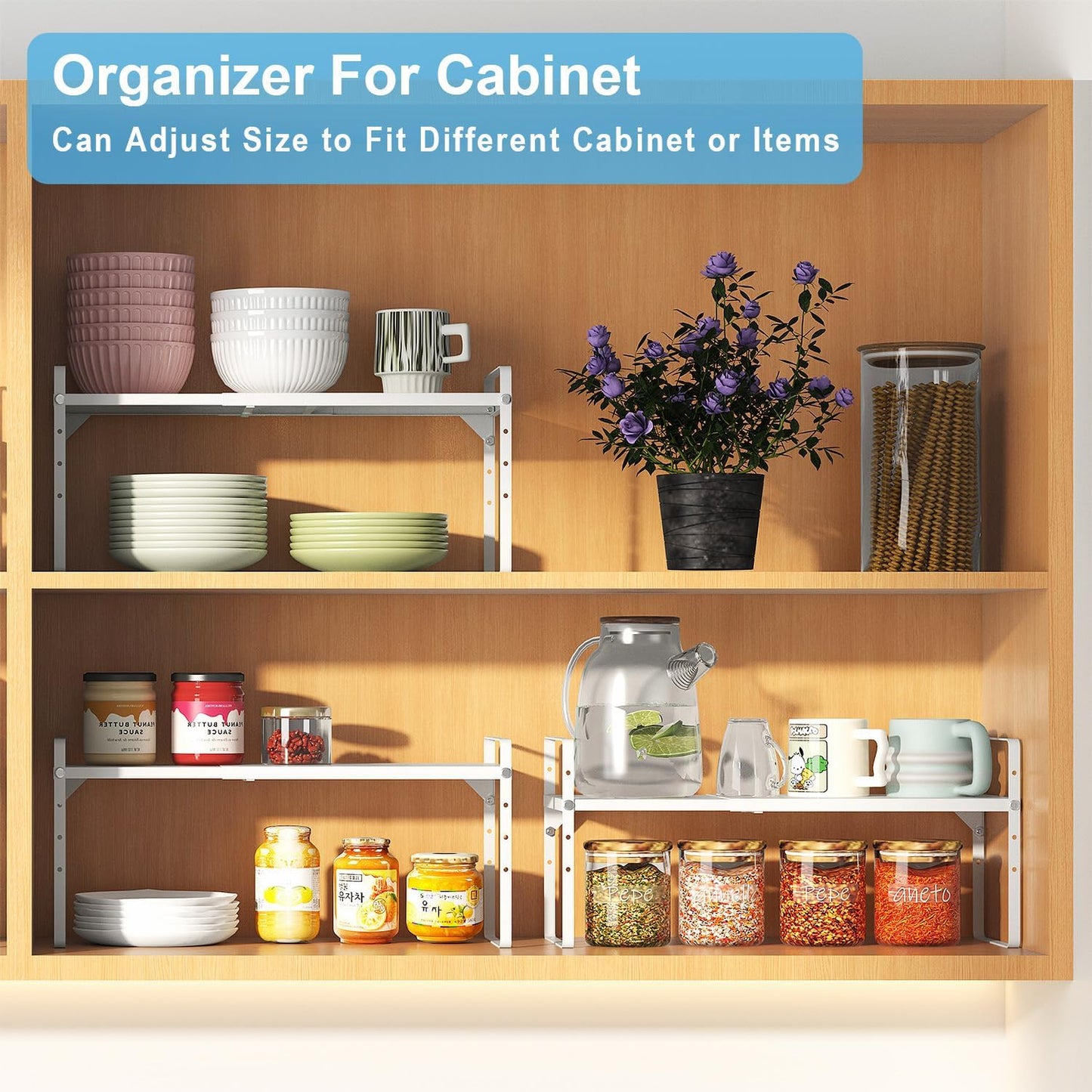 15.5 to 25.5 Inch Kitchen Cabinet Shelf Organizers, Adjustable Kitchen Counter Shelf Organizer