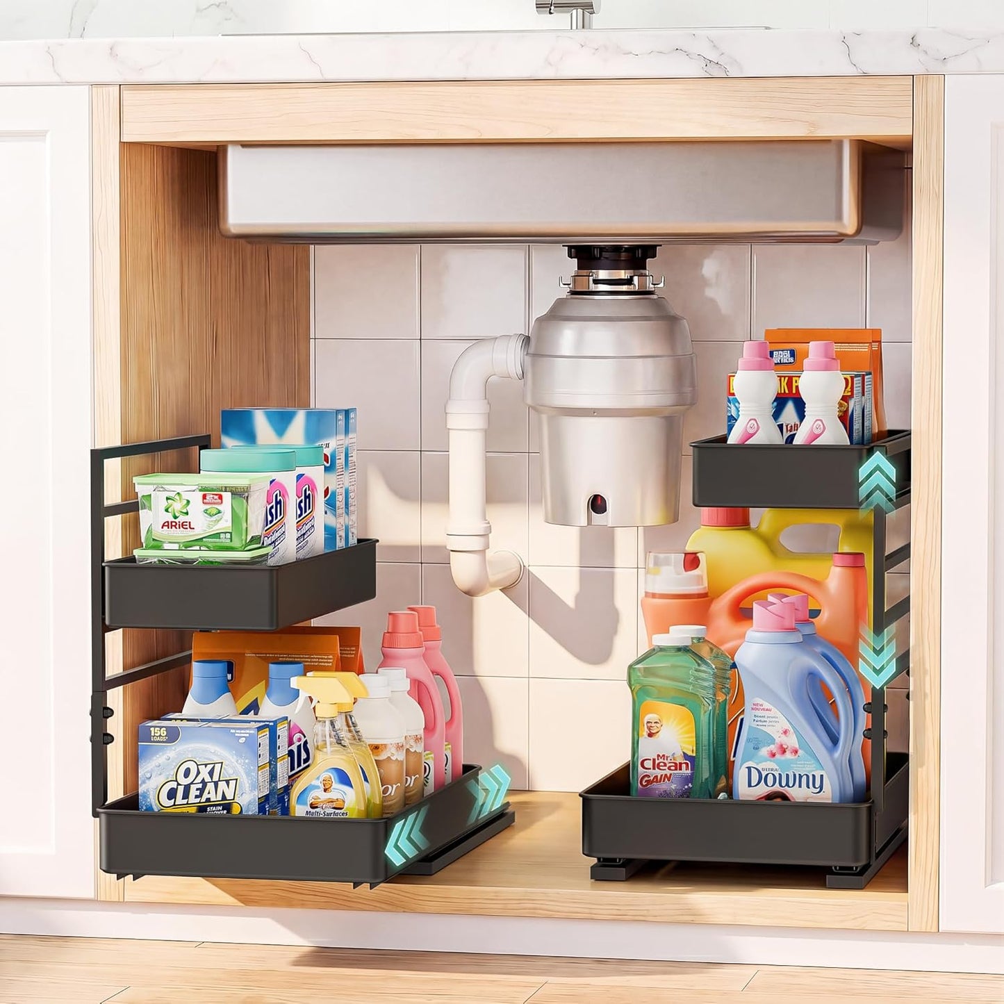 Height Adjustable 2 Tier Metal Pull Out Slide Shelf Organizer for Under Sink Cabinets in Kitchen