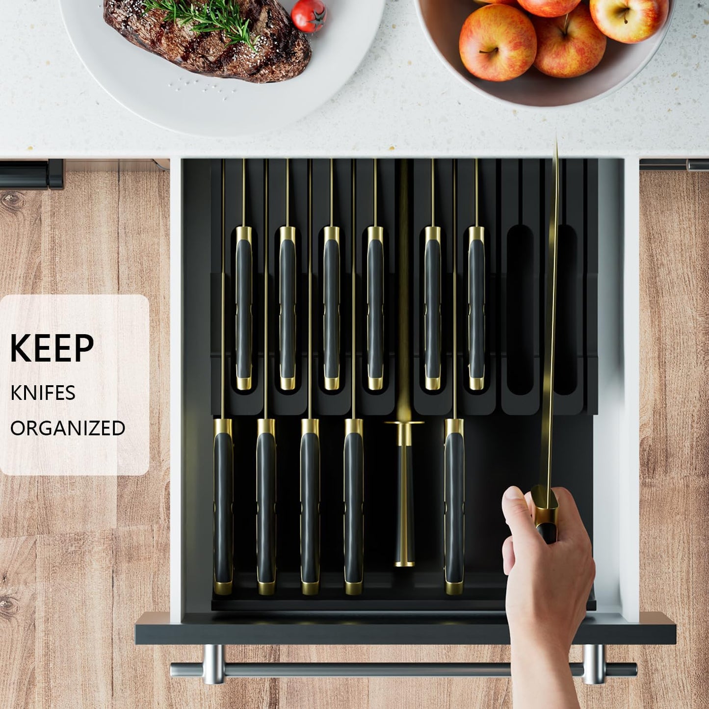 Bamboo In-drawer Knife Block - Kitchen Knife Drawer Organizer Insert