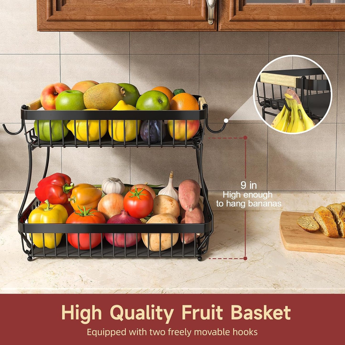 2 Tier Large Fruit Basket for Kitchen Counter with 2 Mobile Banana Hangers