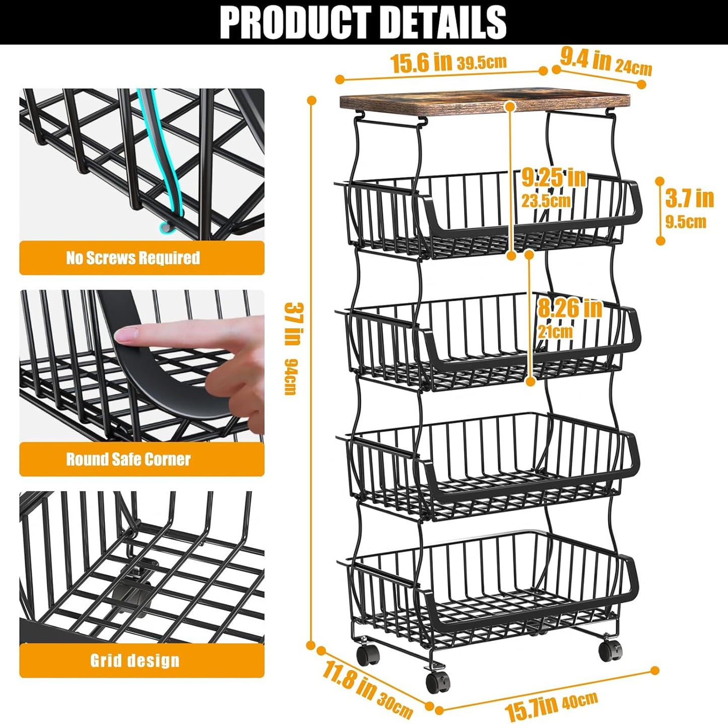 Fruit Vegetable Basket for Kitchen, 5 Tier Stackable Fruit Vegetable Storage Baskets with Wheels