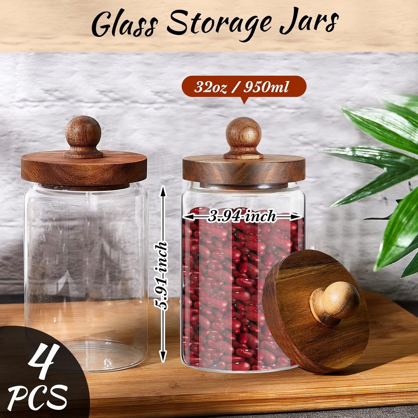 4 Pcs 32 oz Glass Food Storage Jar with Acacia Wood Lids Airtight Sealed Clear Glass Canisters Air Tight Glass Container Jar for Coffee Beans Nuts Loose Leaf Tea Sugar Spice Candy Rice Pasta