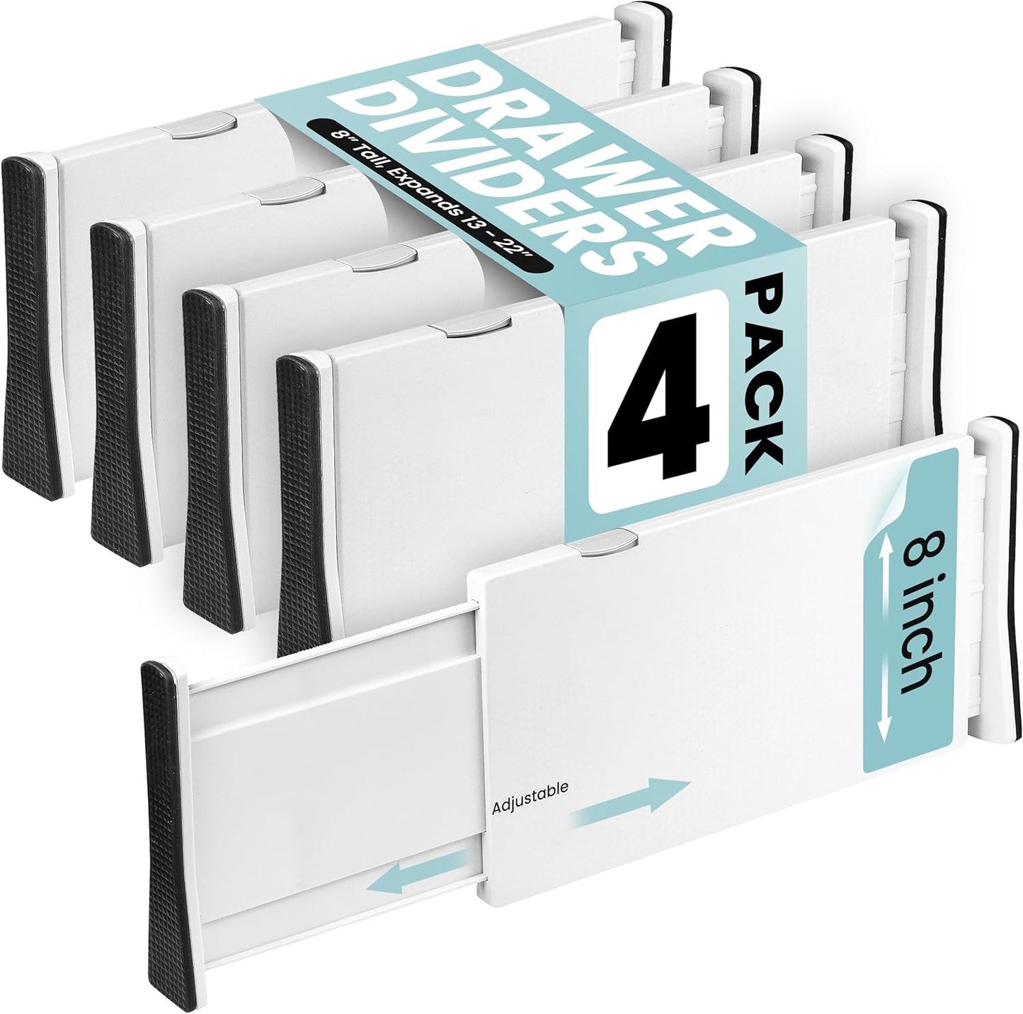 Adjustable Drawer Dividers, 8" Tall, Expandable 13.35-22", 4-Pack