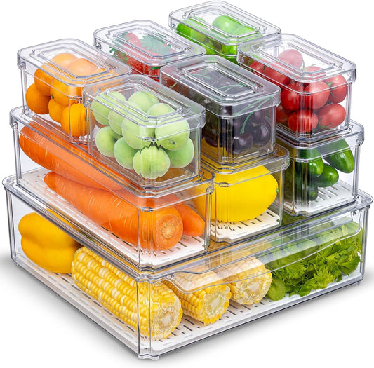 10-Pack Clear Fridge Organizer Bins with Lids, Stackable Refrigerator Storage Containers
