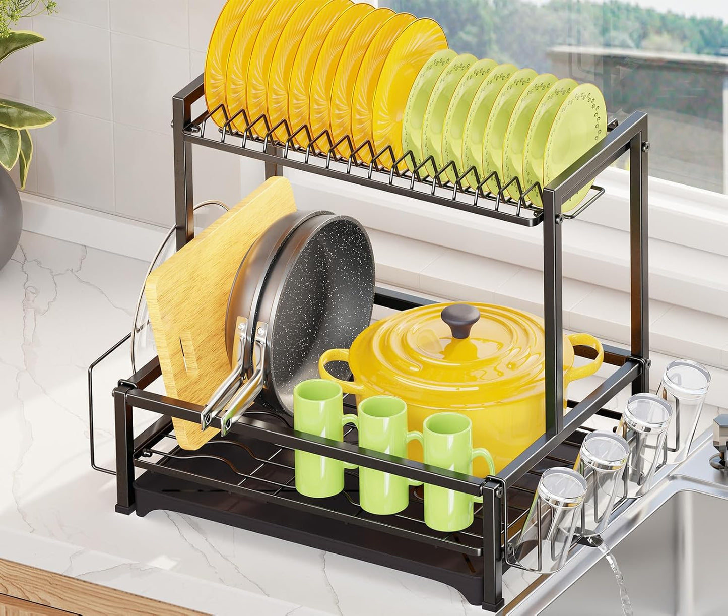 Dish Drying Rack, 2-Tier Dish Rack for Kitchen, Stainless Steel Dish Drainer, Black
