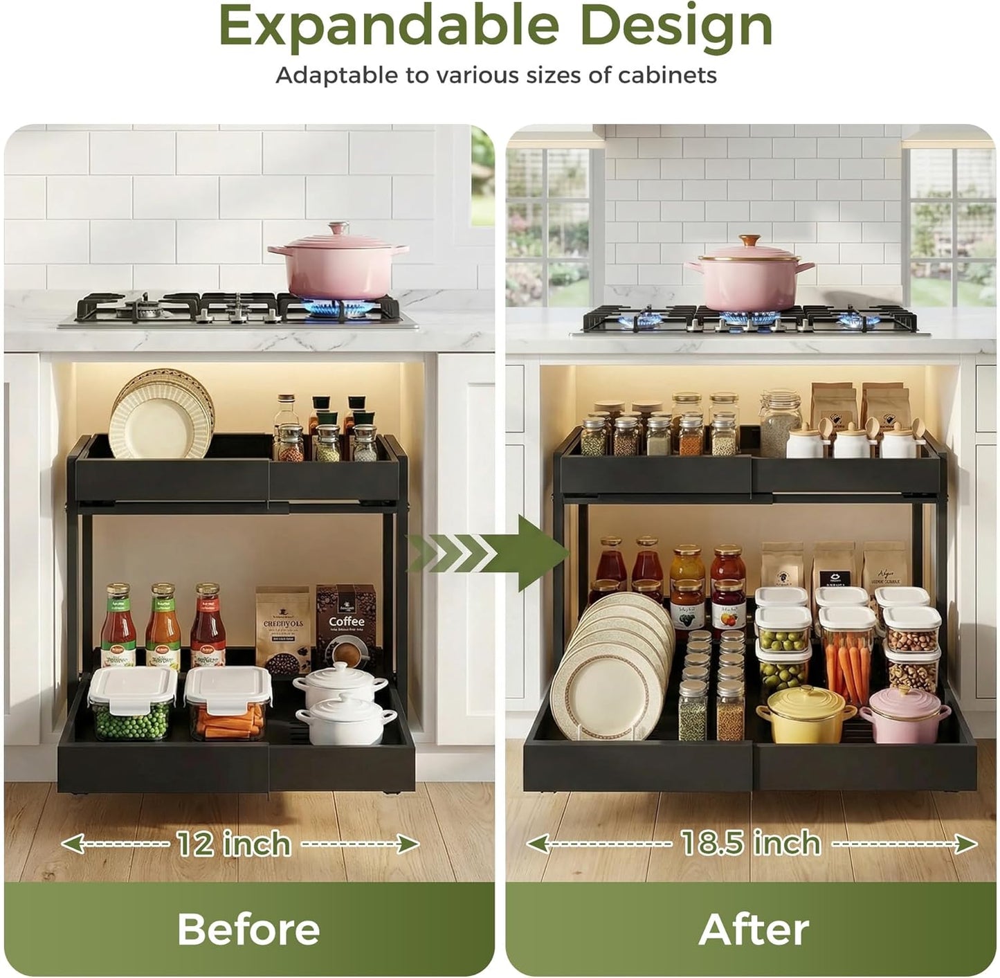 Expandable Pull Out Cabinet Organizer, 2-Tier Slide Out Drawer for Kitchen Cabinets