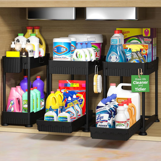 3 Pack Under Sink Organizers,2-Tier Multi-Use Kitchen and Bathroom Organizers and Storage with Sliding Drawers,Bathroom Cabinet Organizer (Black,12.8 Inch)