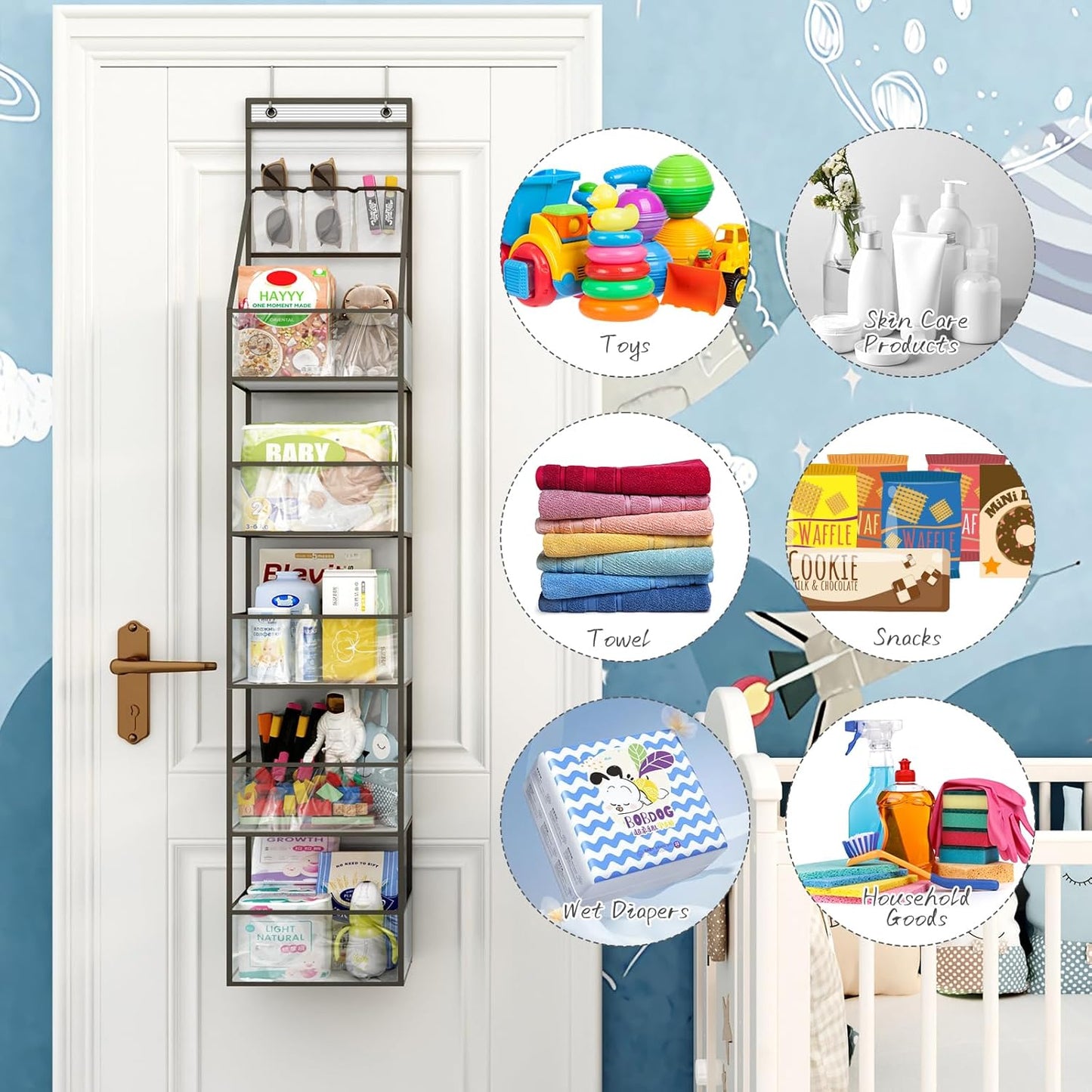 6-Shelf Over The Door Hanging Pantry Organizer Hanging Storage with Clear Plastic Pockets Behind The Door Storage Organizer with 3 Small PVC Pockets for Closet Bedroom Bathroom (Grey)