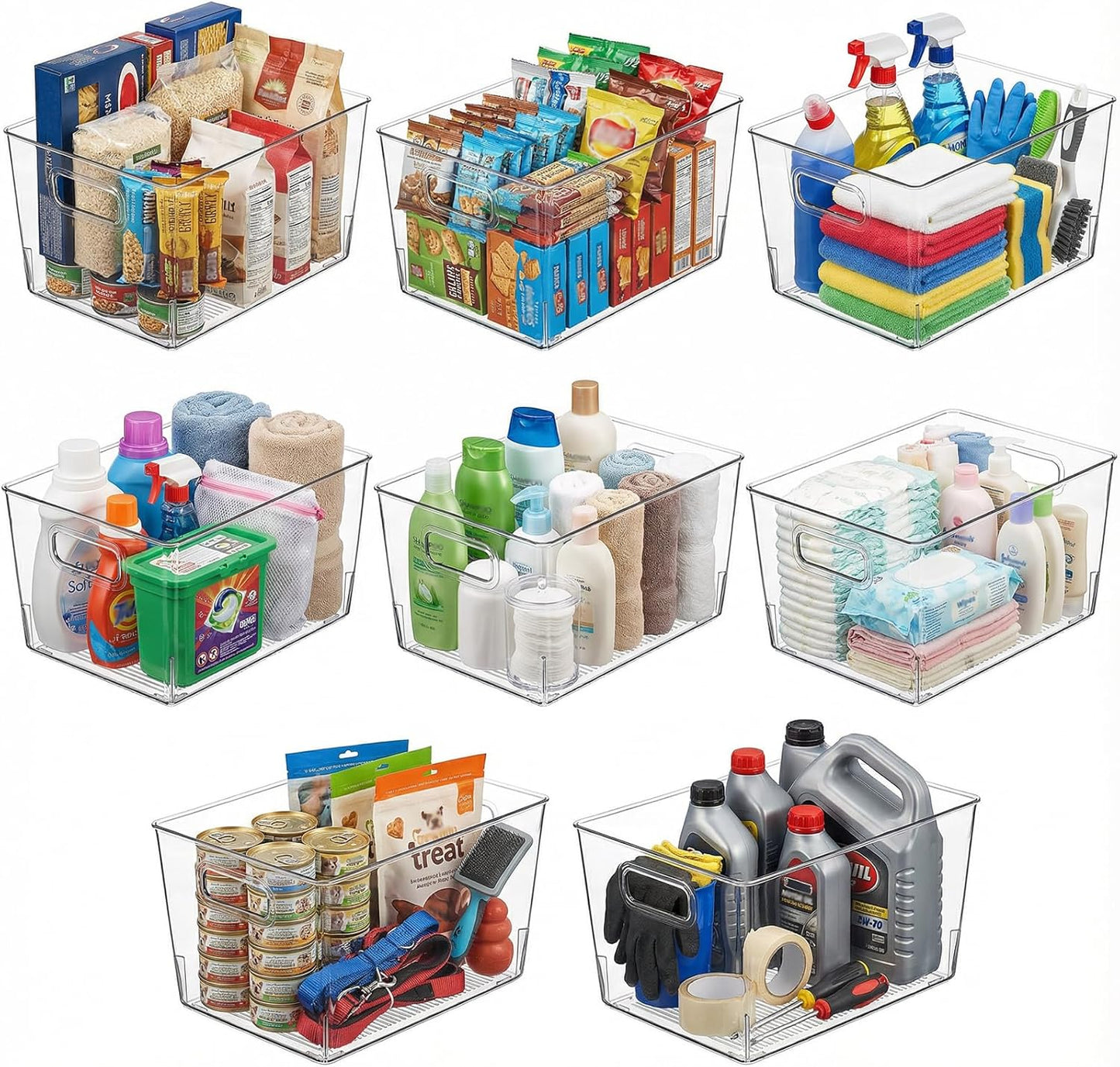 8 Pack Clear Plastic Storage Bins, 12 x 8 x 6in Stackable Pantry Organizer Cabinet Containers for Under-Sink Storage, Kitchen, Fridge, Bathroom and Home Organization