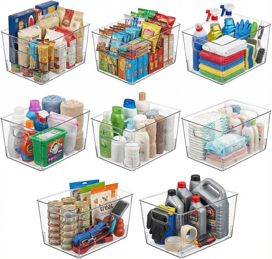 8 Pack Clear Plastic Storage Bins, 12 x 8 x 6in Stackable Pantry Organizer Cabinet Containers for Under-Sink Storage, Kitchen, Fridge, Bathroom and Home Organization