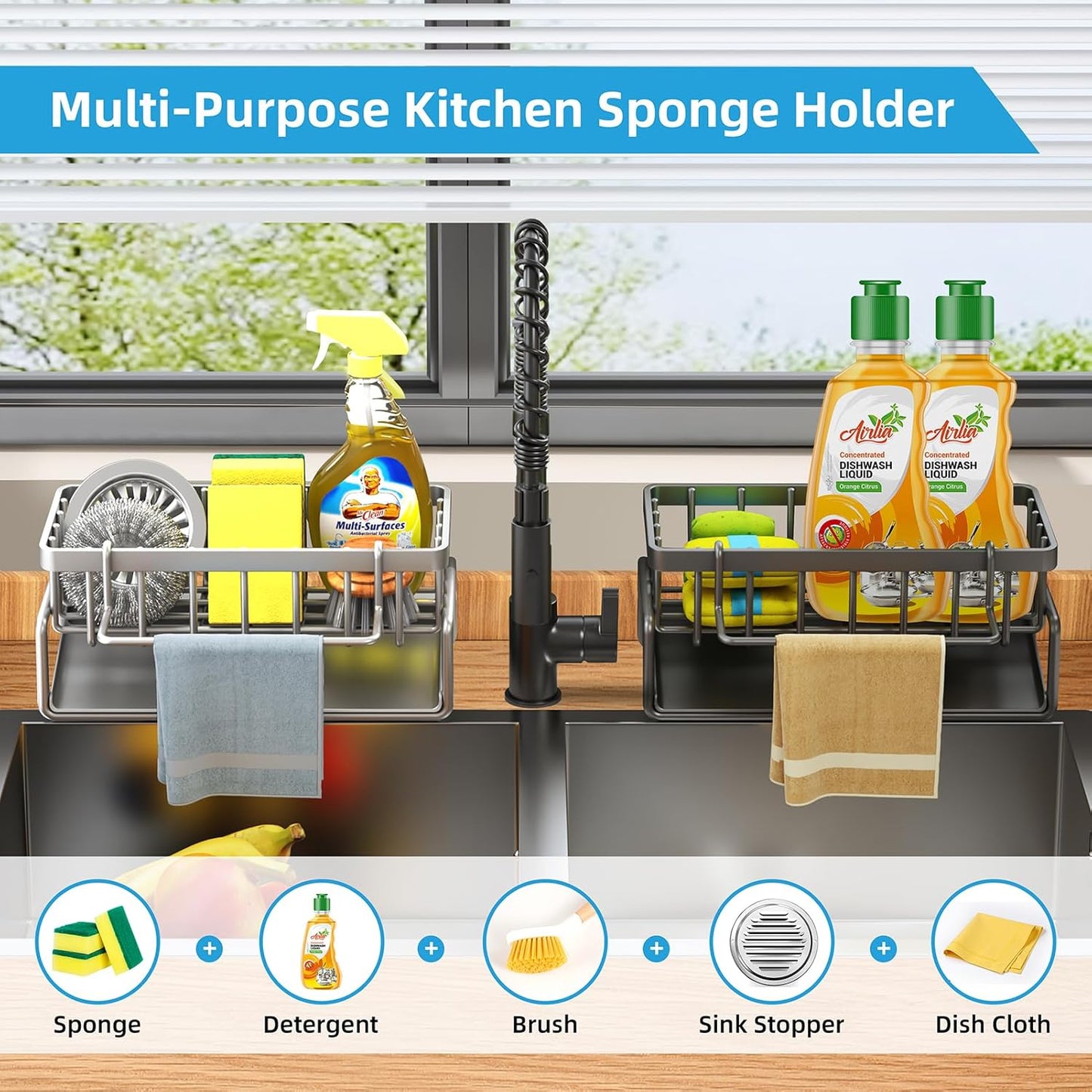 Sponge Holder for Kitchen Sink, Self-Drainage Kitchen Sink Caddy