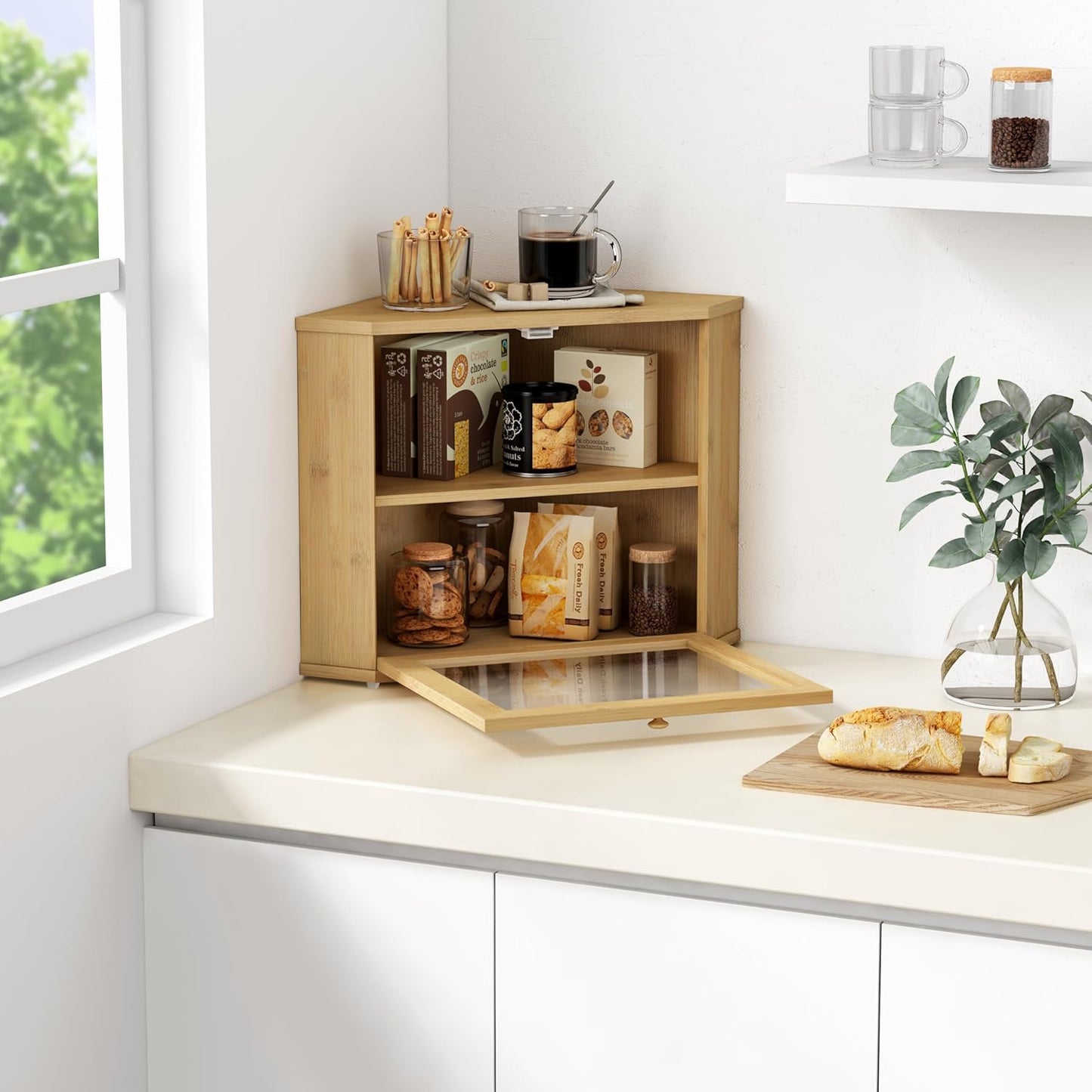 Bamboo Corner Bread Box for Kitchen Counter, 2 Tier Bread Keeper Wooden Round