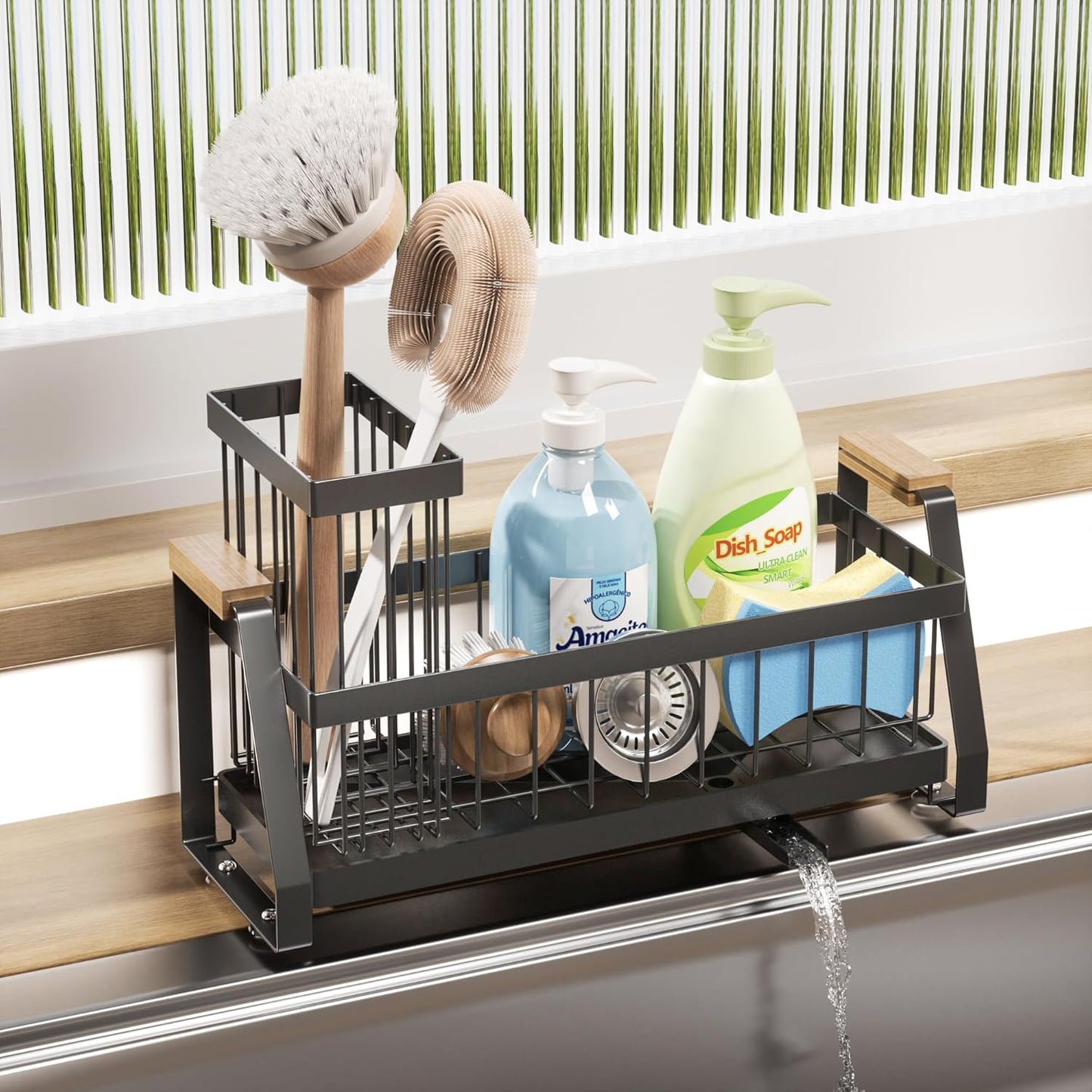 Sink Caddy Organizer with Wooden Handle & Self-Draining Tray