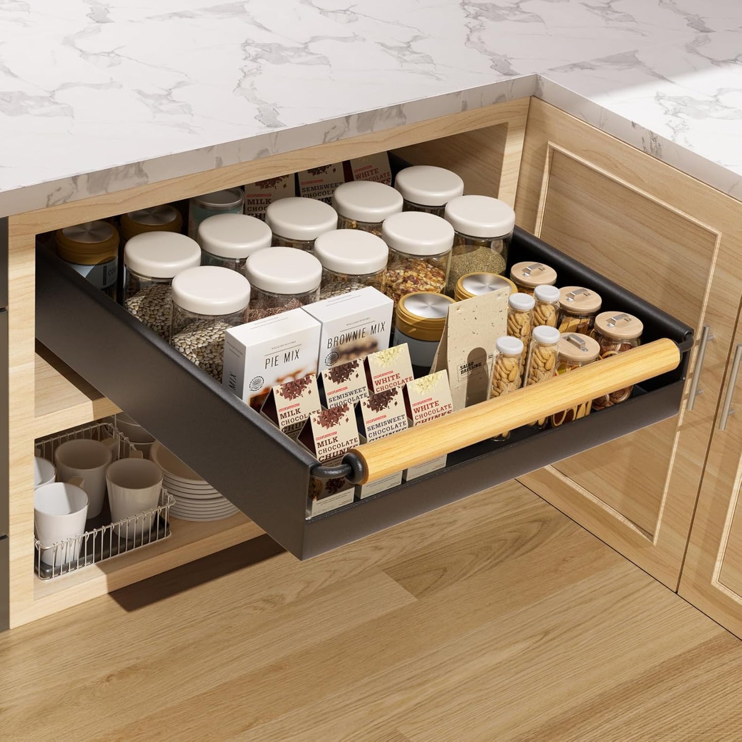 Pull Out Cabinet Organizer, 15.3'' Deep Expandable Slide Out Cabinet Organizer Fixed with Adhesive Nano Film, Slide Out Drawers Pull Out Tray for Cabinet in Kitchen, Pantry, Bathroom, Black