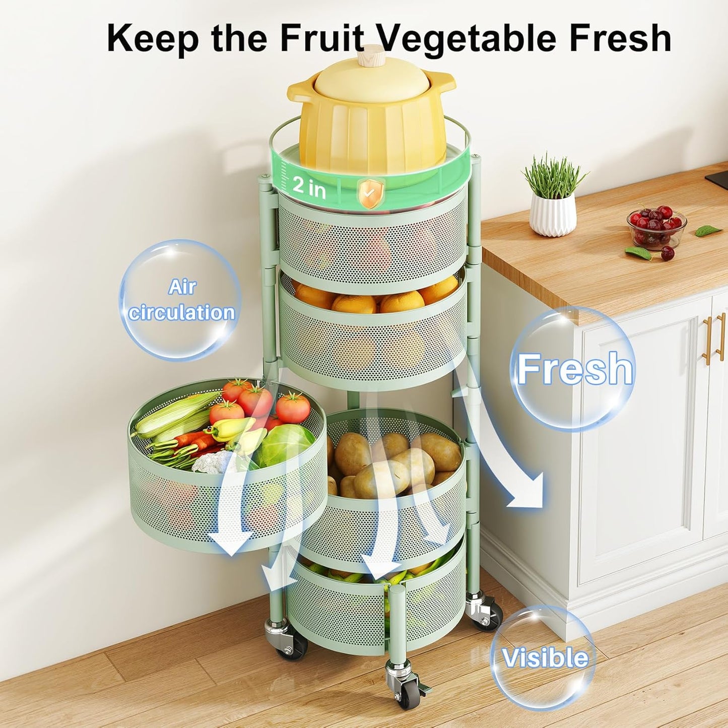 Fruit Vegetable Basket for Kitchen, Rotating Storage Rack, 5 Tier Rolling Cart with top lid