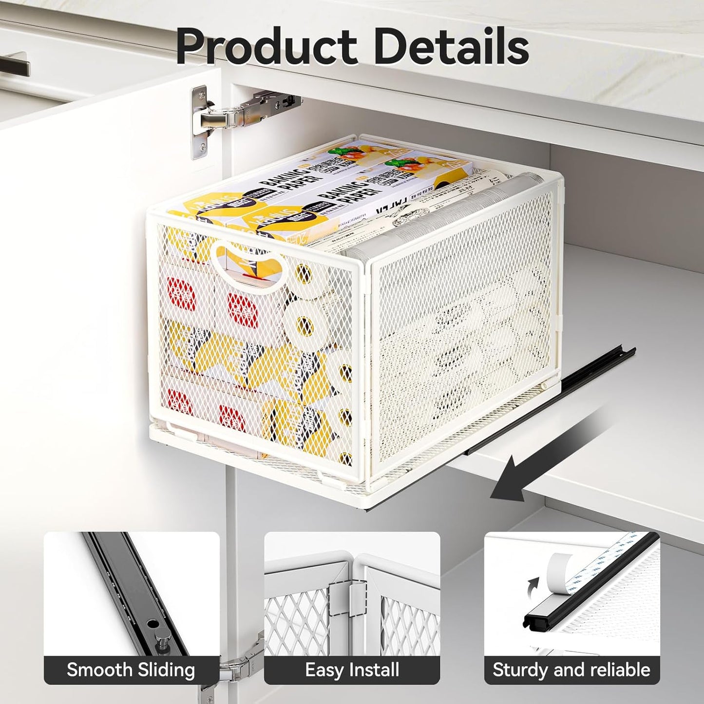 Pull Out Cabinet Organizer, No Drill Adhesive Sliding Drawers for Kitchen