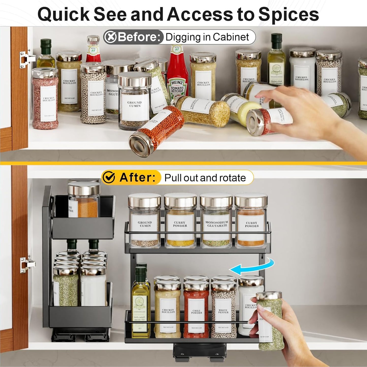 2 Pack Pull Out Spice Rack - Rotate Peel and Stick No-Drill Vertical Spice Rack Organizer for Cabinet Easy Access Spices, Adjust Height for 4oz to 8oz Spice Jars, Fits Small Pantry Cabinet