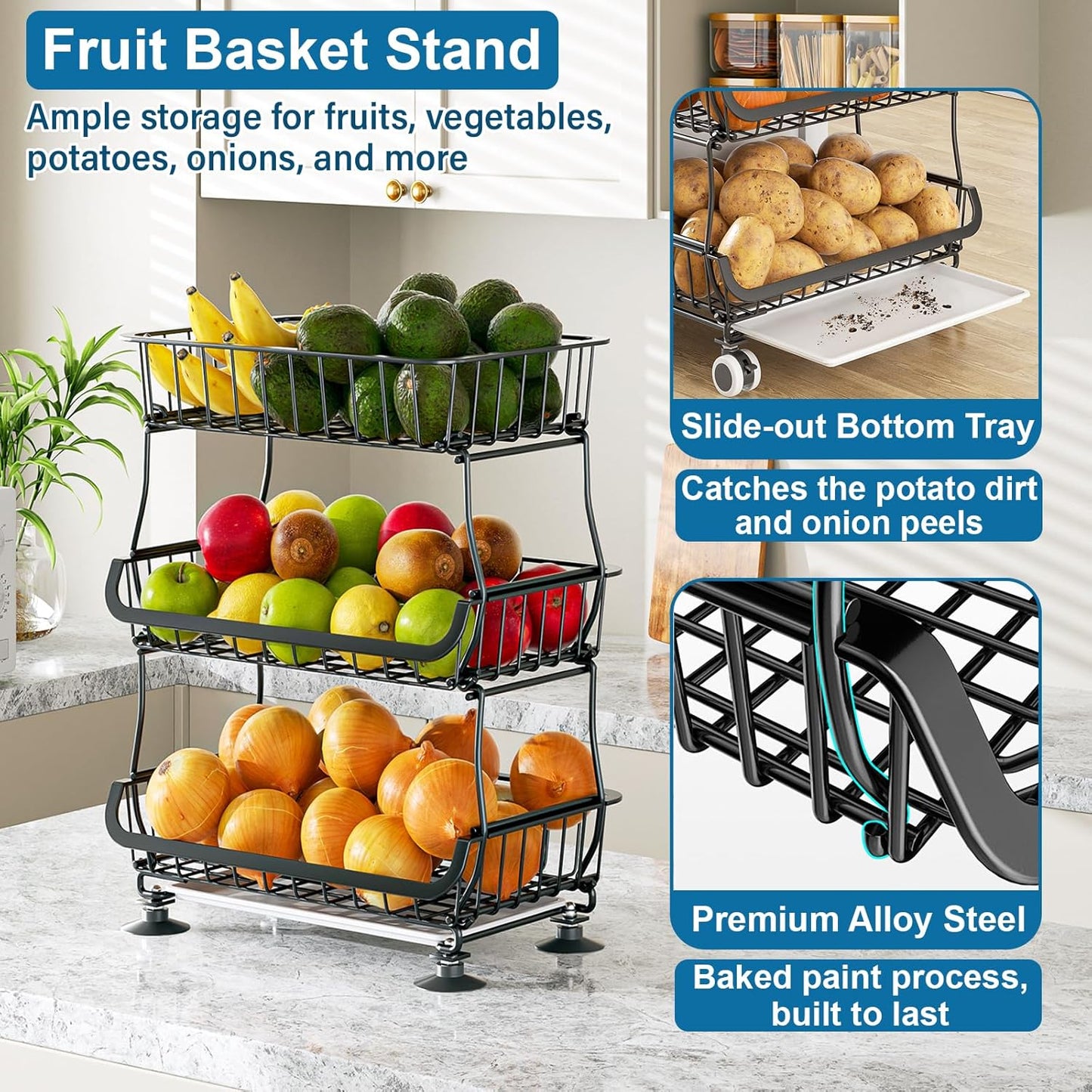 3-Tier Rolling Pantry Floor Organizer and Storage Cart with Wheels