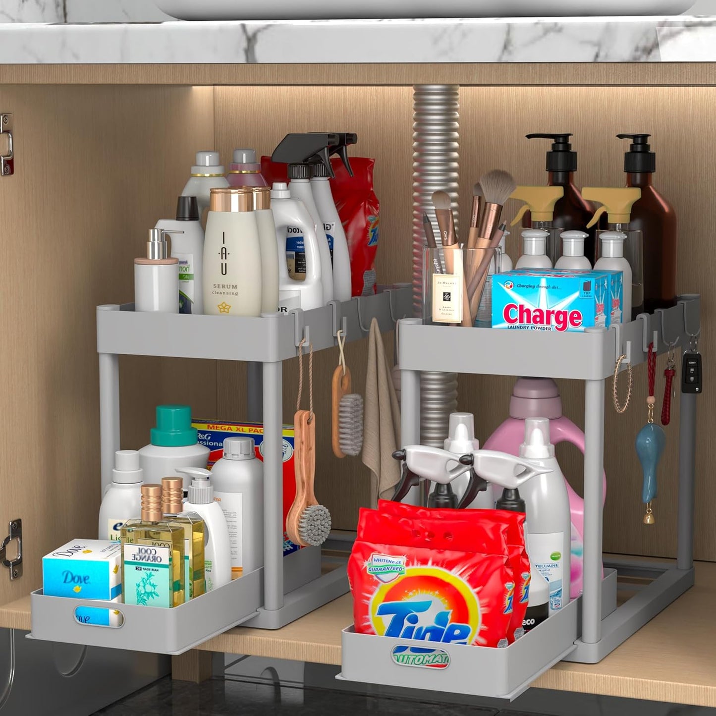 2PC Under Sink Organizer Rack 2 Tier Under Sliding Cabinet Basket Organizer Drawer with 4 Hooks
