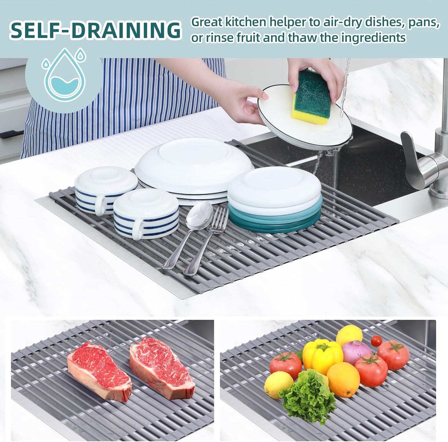 Over Sink Dish Drying Rack, Silicone Wrapped 17.6" W x 15.4" L Large Over The Sink Roll Up Dish Drainer - Foldable Sink Drying Rack Rolling Drain Mats Anti-Slip Multipurpose for Kitchen Counter