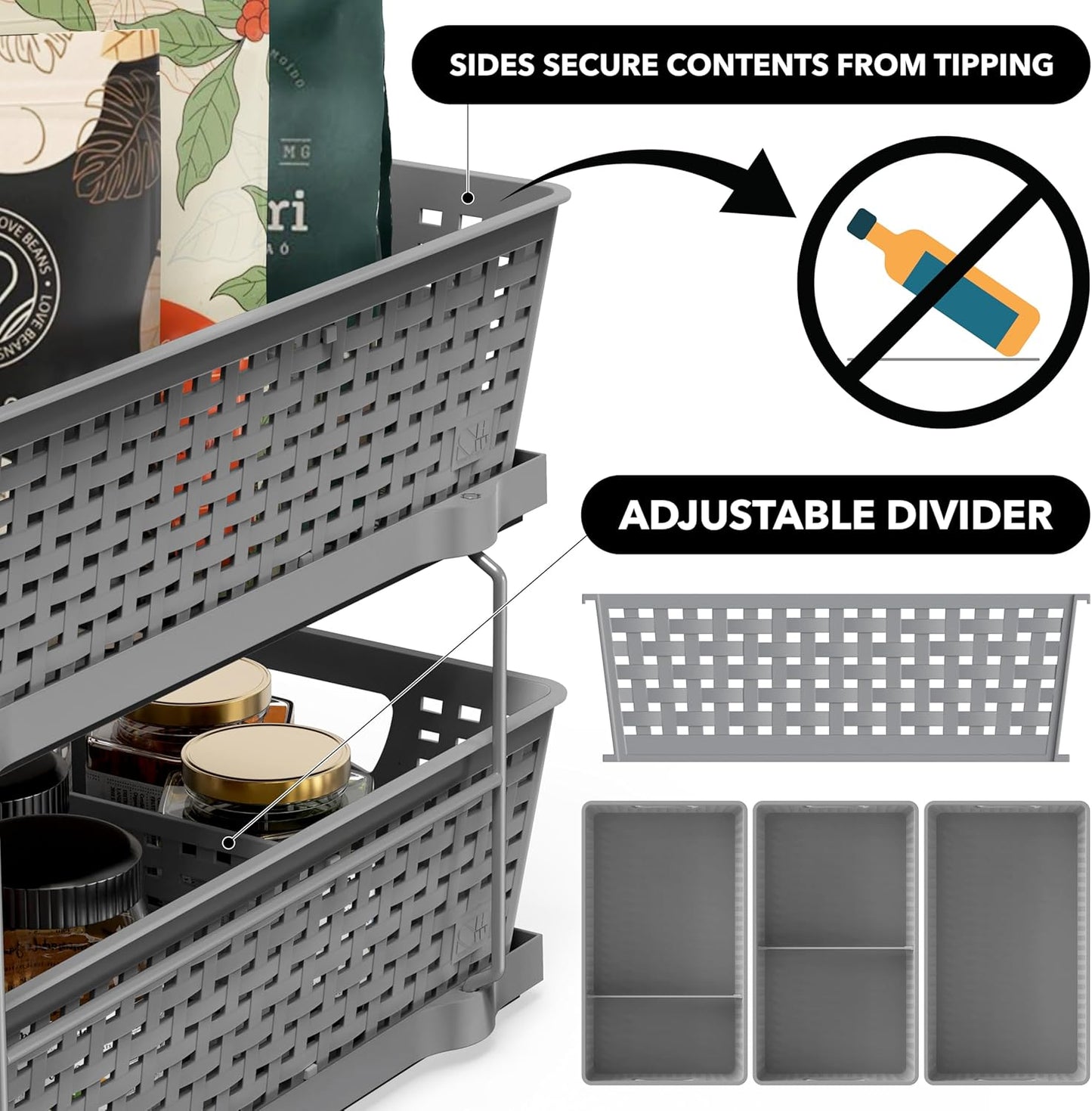 2 Tier Bathroom Organizer Tray Pull-Out Sliding Drawer, Under Sink Storage, Gray