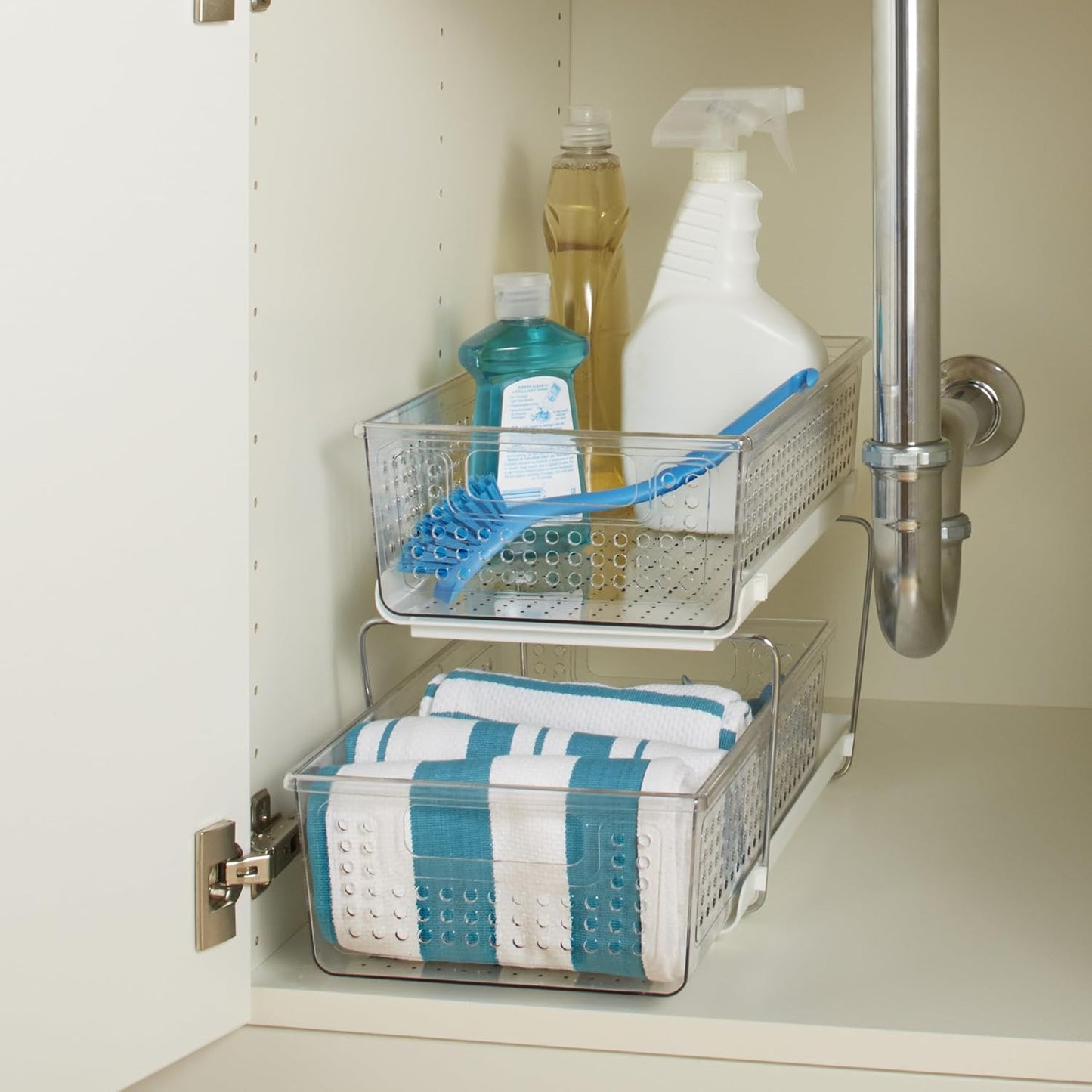 2 Tier Organizer, Under Cabinet Storage with Pull Out Sliding Drawers, for Cleaning Supplies