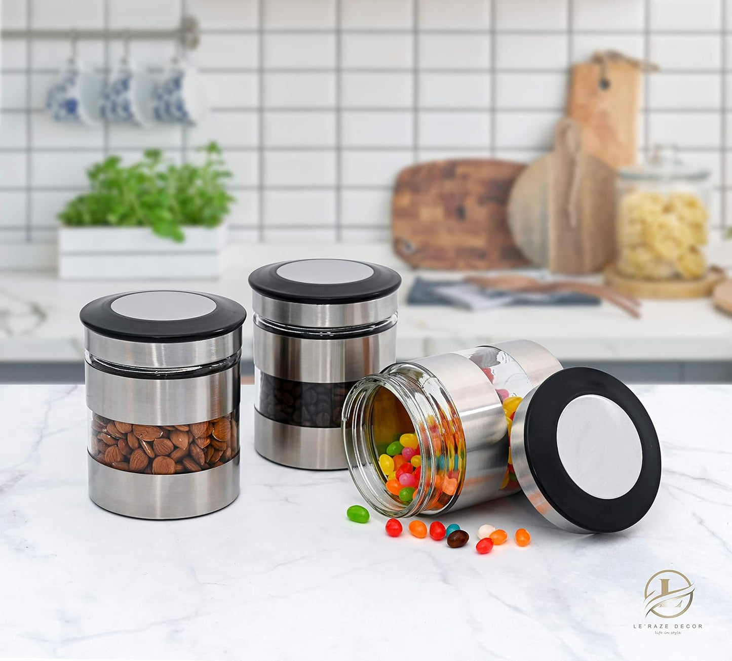 Quality Stainless Steel Canister Set of 3 for Kitchen Counter with Glass Window & Airtight Lid