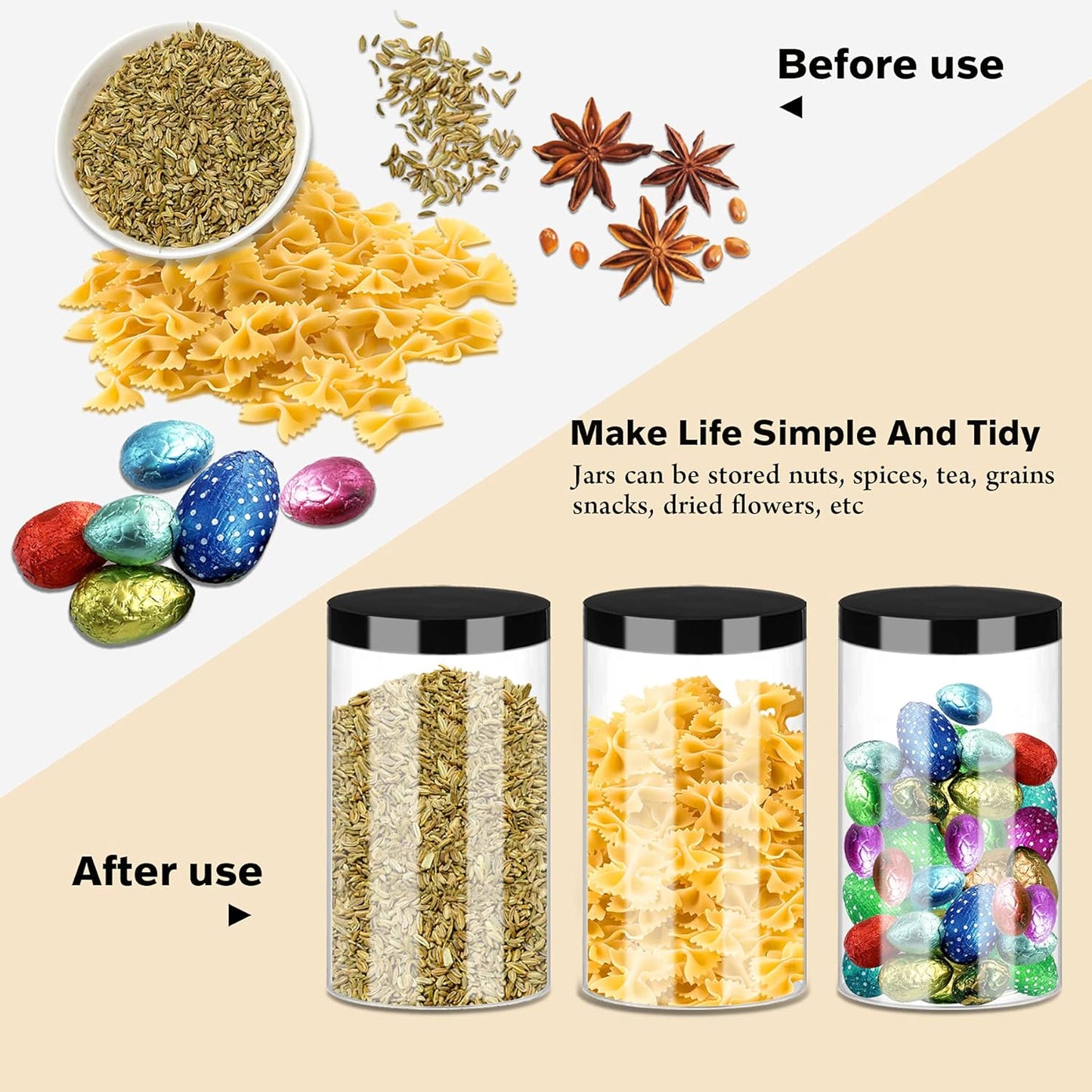 Clear Plastic Jars 32oz 12Pack Big Round PET Plastic Containers with Black Screw On Lids Reusable Empty Storage Jars with Lid Clear Containers for Household and Kitchen Organizing