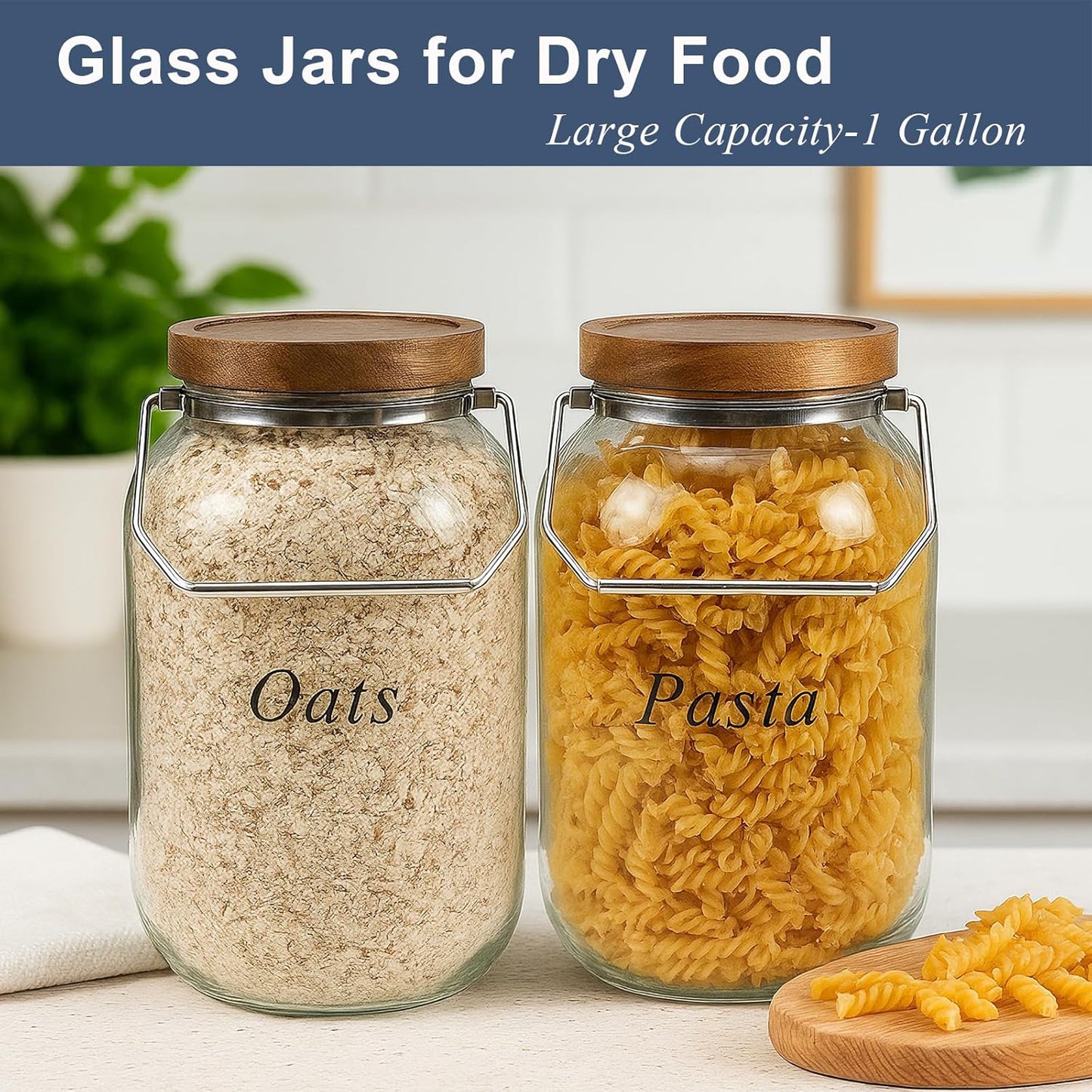 2 Pack Glass Flour Sugar Storage Containers with Handle, 1 Gallon Glass Jars with Airtight Lid