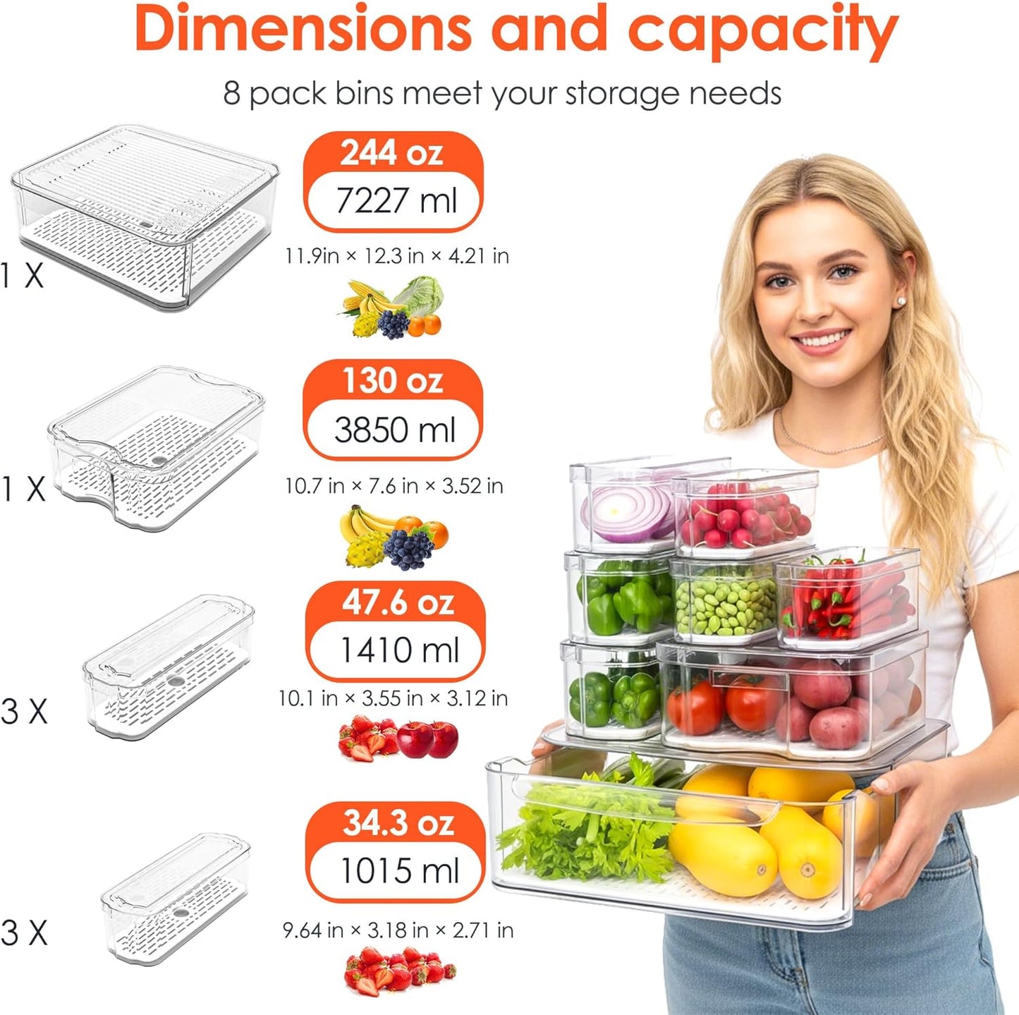 Fridge Organizers and Storage, 8 Pack Clear Freezer Organizer Bins with Lids for Kitchen, Pantry