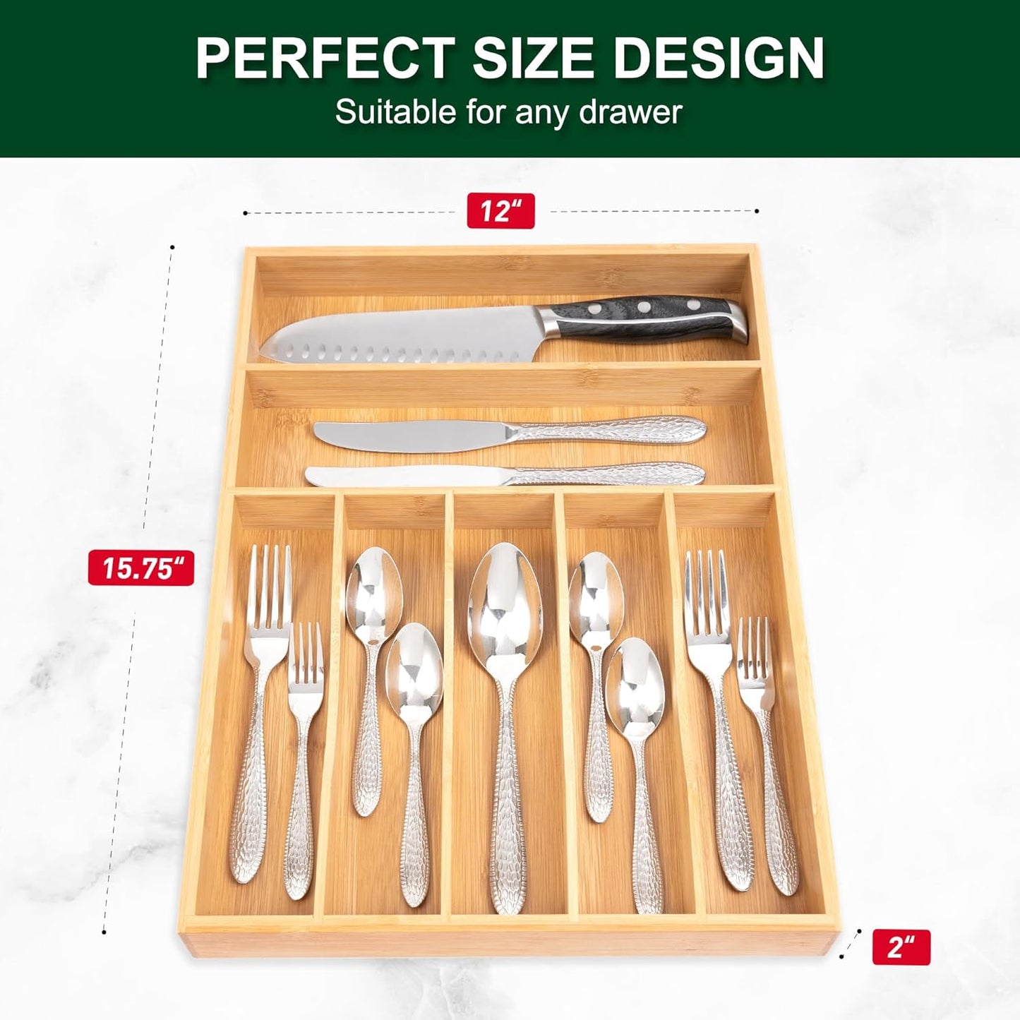 Natural Utensil Organizer 12.5 Inch Silverware Organizer for Drawer Utensil Holder Cutlery Organizer Kitchen Drawer Organizer 7 Compartment Small Narrow Bamboo
