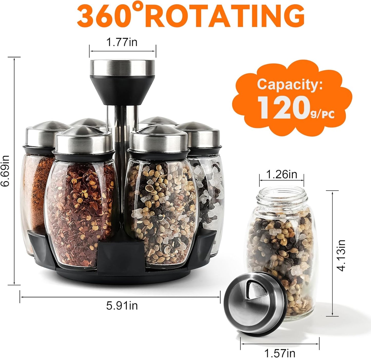 6PC Spinning Glass Spice Jars - 360° Rotating Spice Rack Organizer with Jars