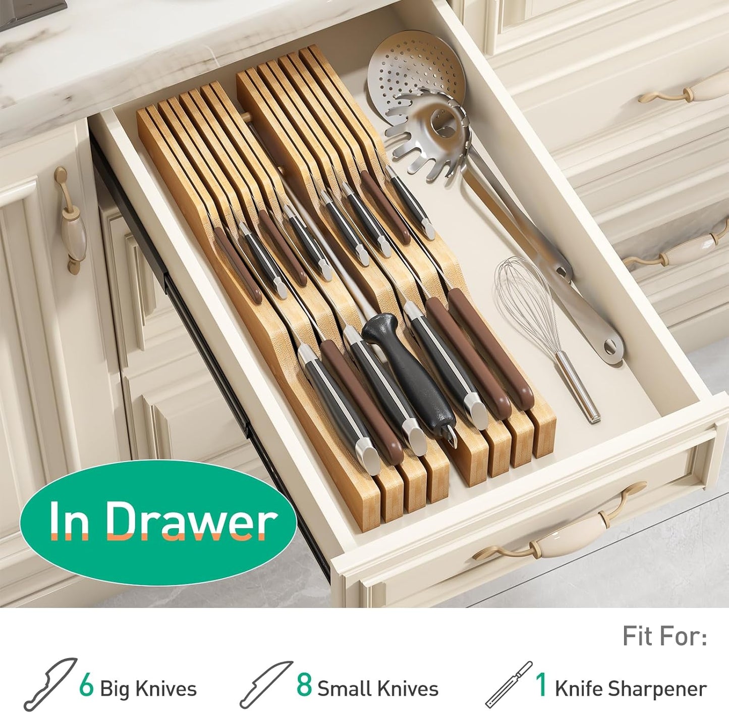 Drawer Knife Block Organizer, Bamboo Wood Drawer Knife Organizer, Bamboo Wood Block Organizer