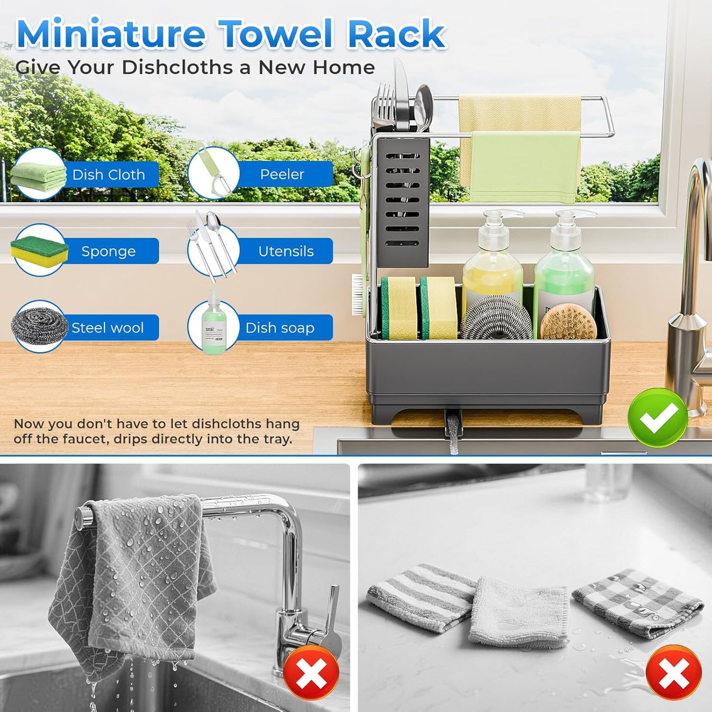 Kitchen Sink Caddy with Stainless Steel Towel Holder
