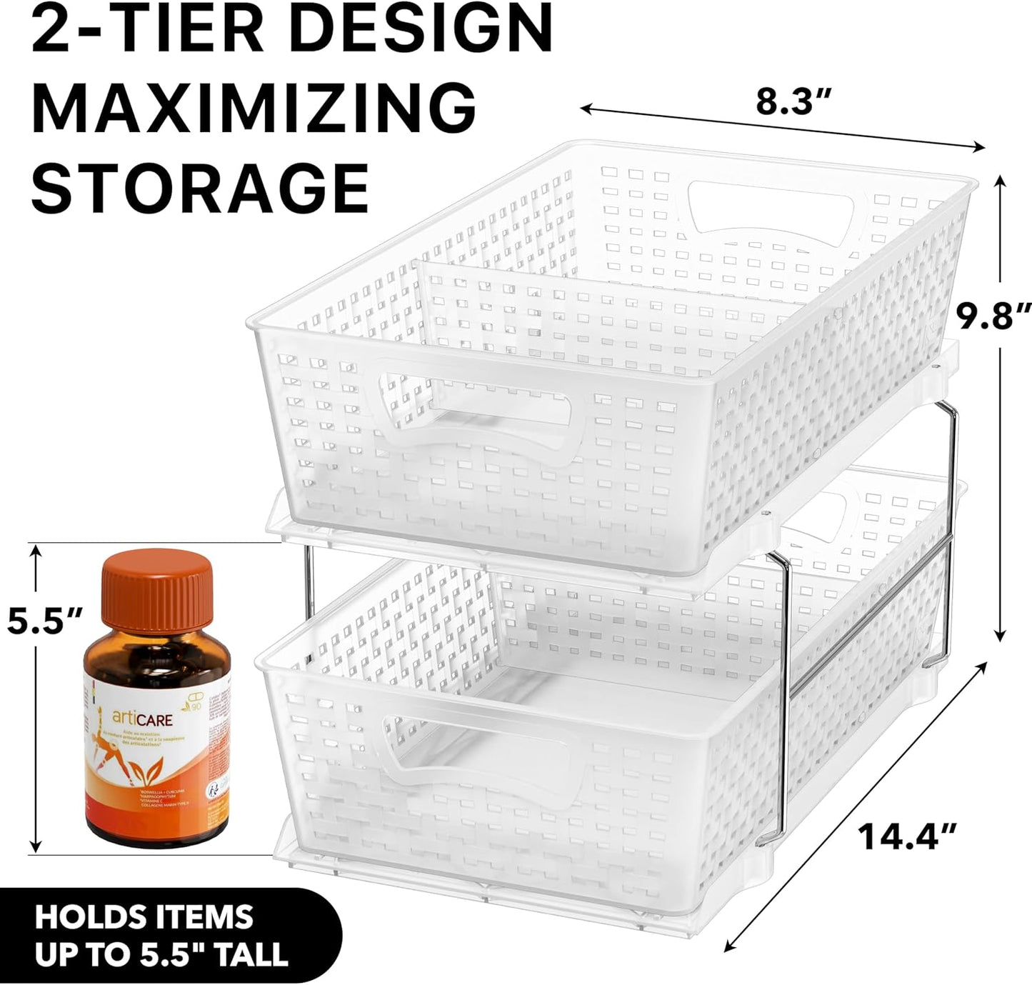 2 Tier Bathroom Organizer Tray Pull-Out Sliding Drawer/Under-Sink Storage, Clear