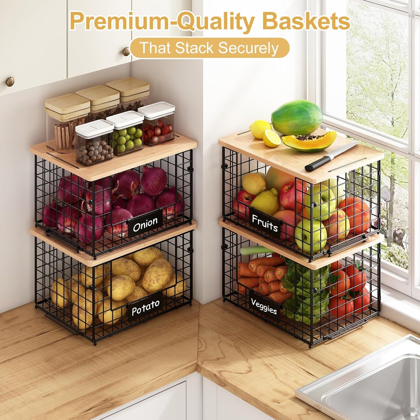2 Set XL Stackable Wire Baskets with Bamboo Top- Pantry Organizers and Storage